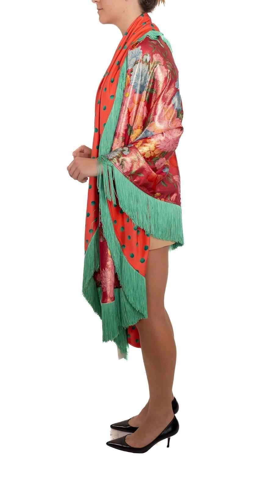 1990S Châle de soirée surdimensionné en soie lurex rose et vert avec franges Nwt