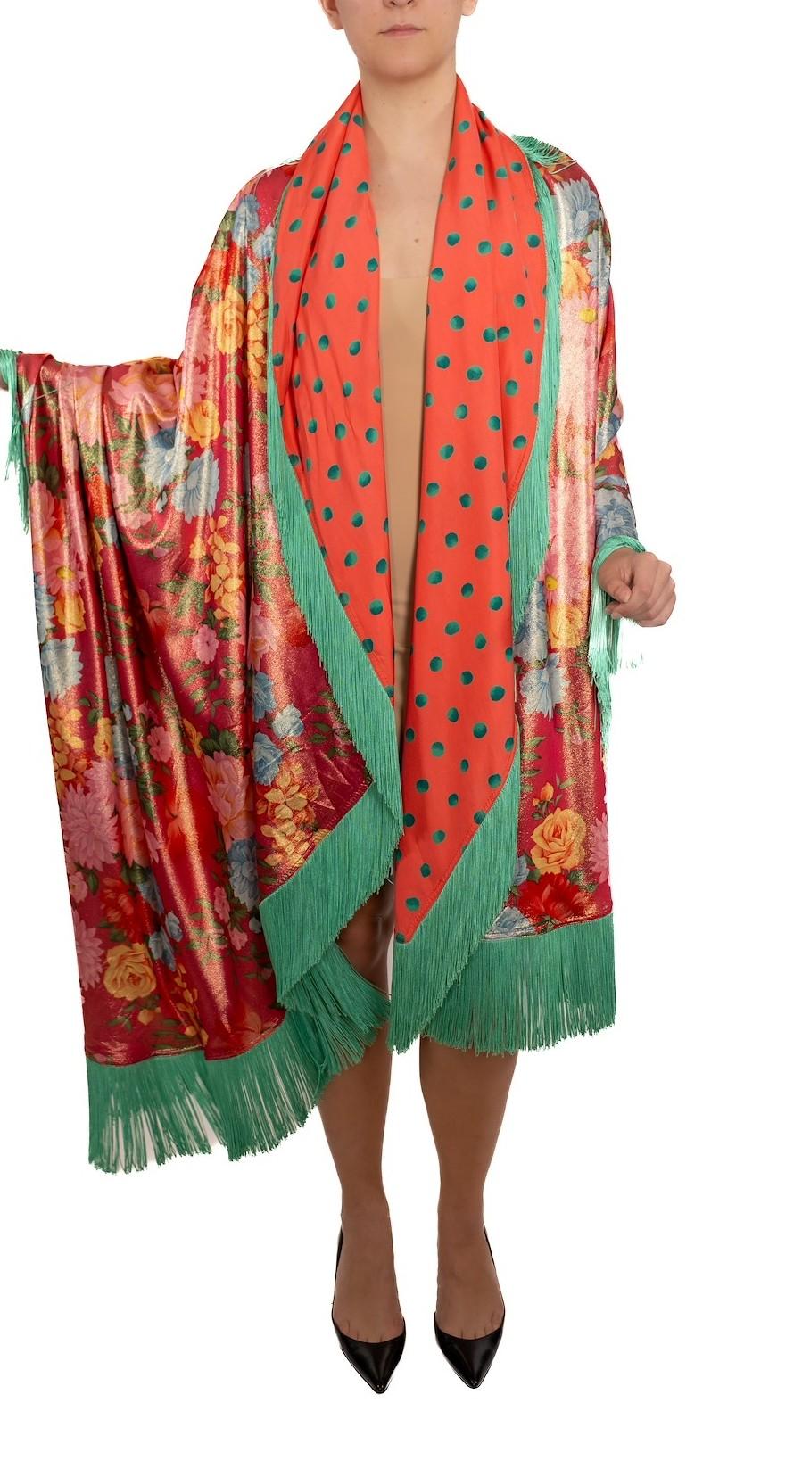 1990S Châle de soirée surdimensionné en soie lurex à fleurs roses et vertes avec franges NWT Pour femmes en vente