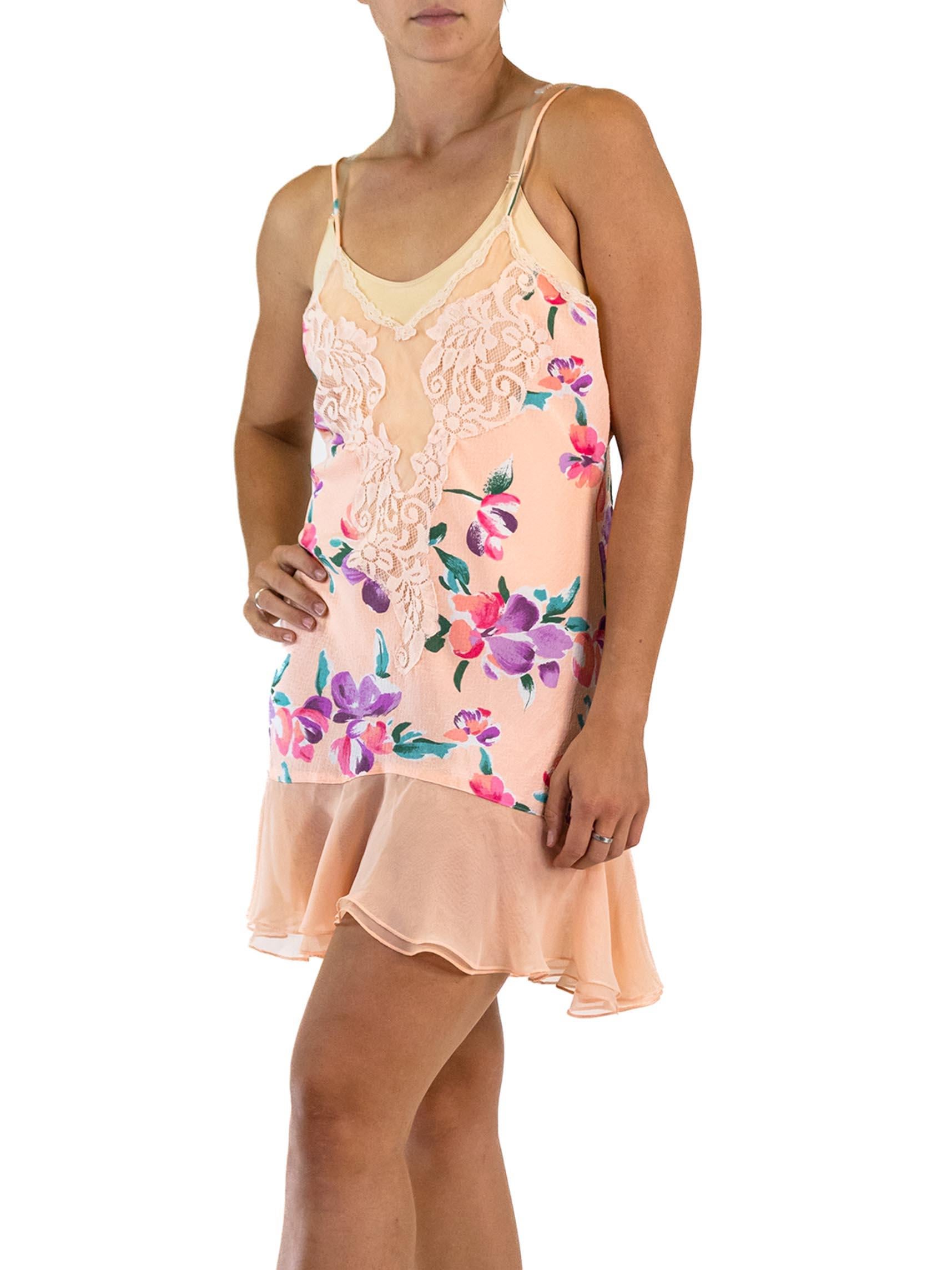 1990S Pink Multi Floral Polyester Lace Slip Dress For Sale 1