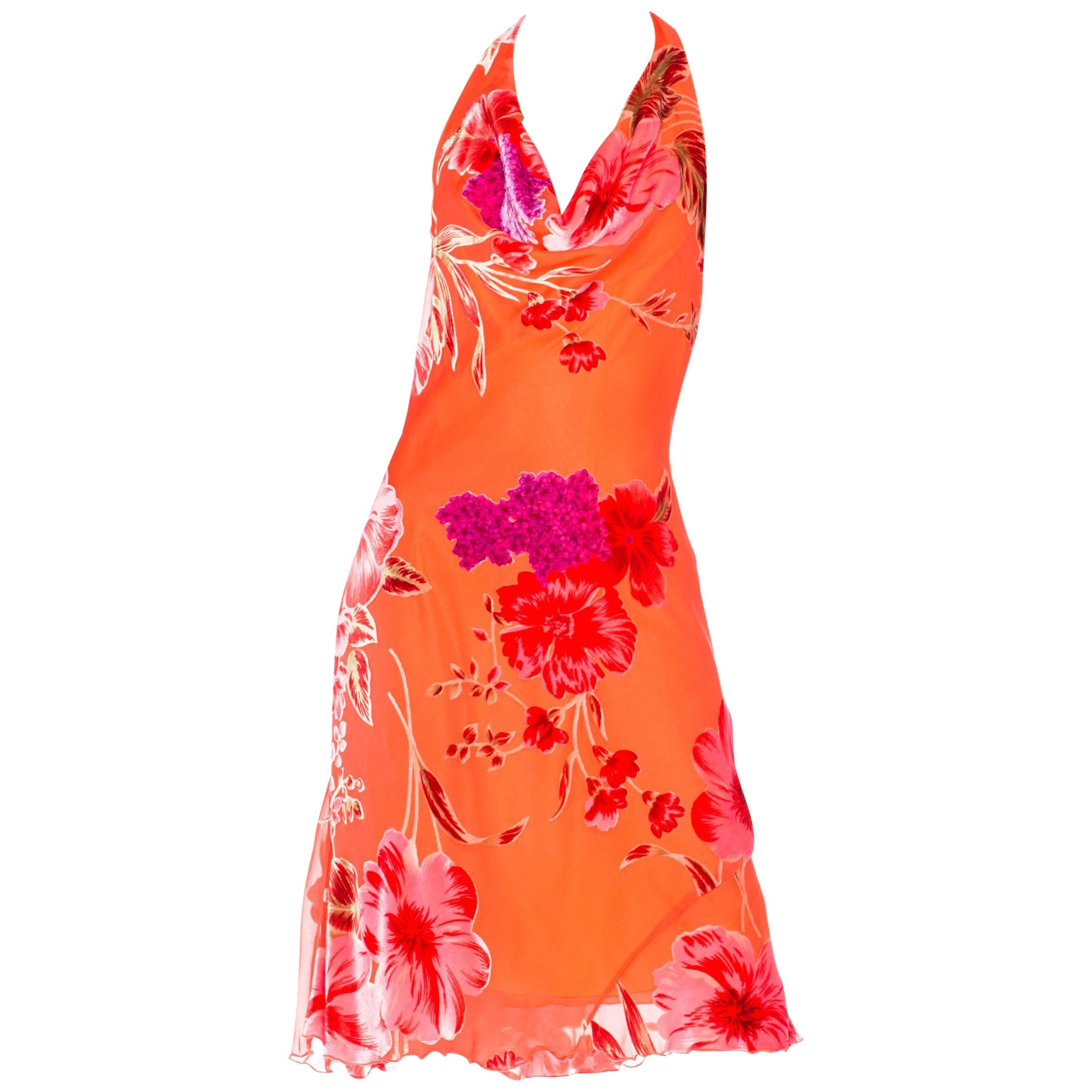 1990S Pink & Orange Bias Cut Rayon Silk Burnout Velvet Tropical Floral Halter S