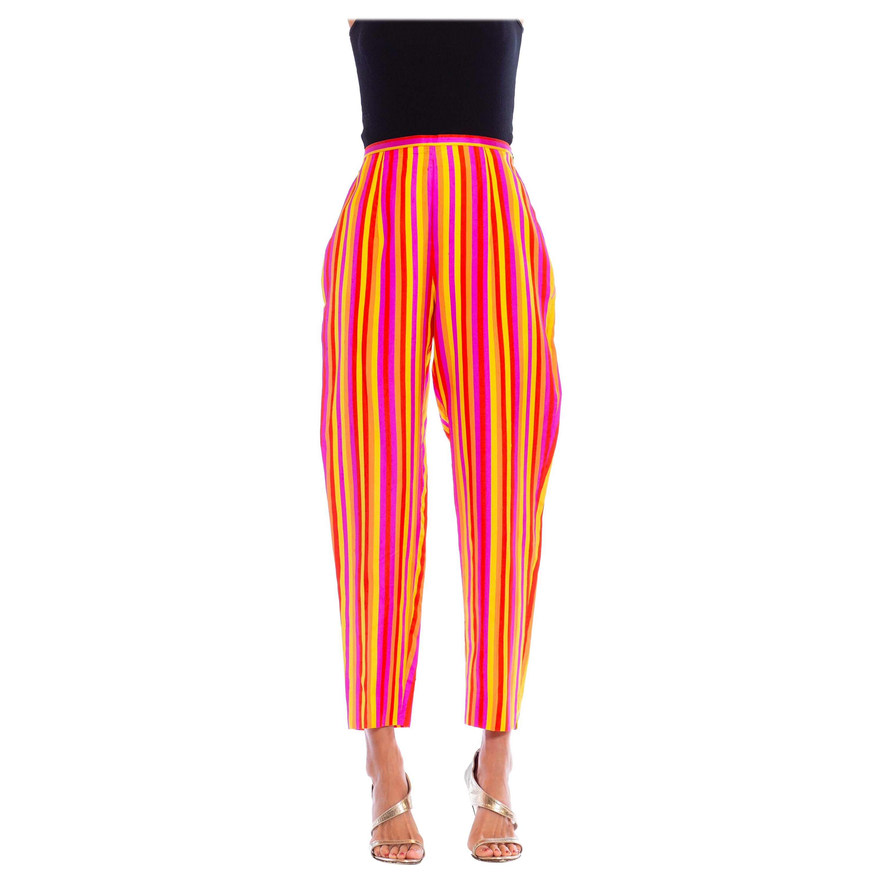 1990S Pantalon en soie rayé rose et orange en vente