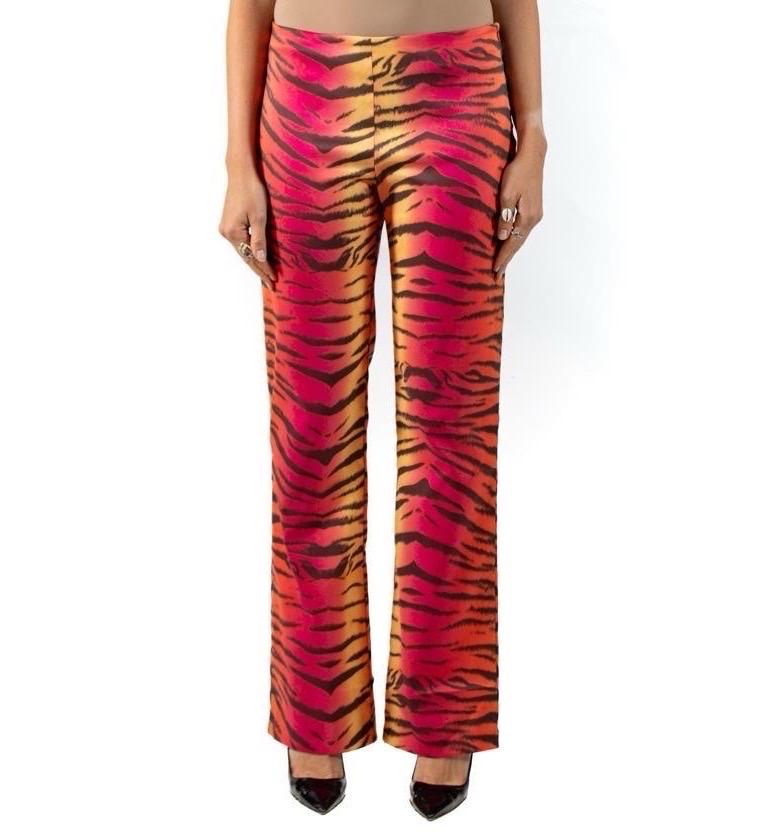 1990S Pink & Orange Tiger Polyester Elastane Pants In Excellent Condition For Sale In New York, NY