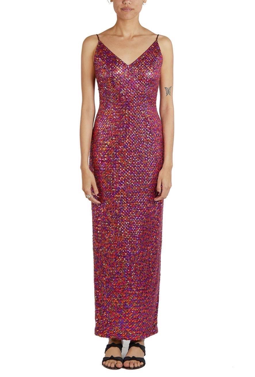 1990S Pink & Purple Polyester Stretch Sequined Gown In Excellent Condition For Sale In New York, NY
