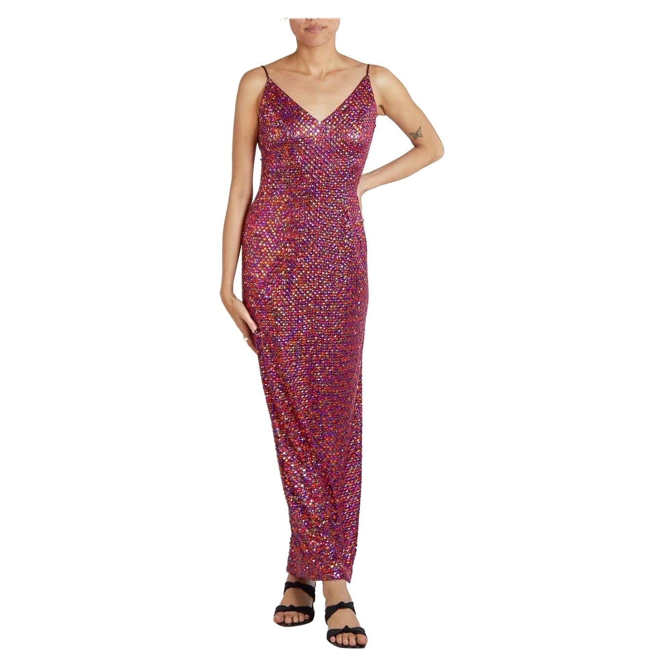 1990er Rosa & Lila Polyester Stretch-Kleid mit Paillettenbesatz aus Stretch