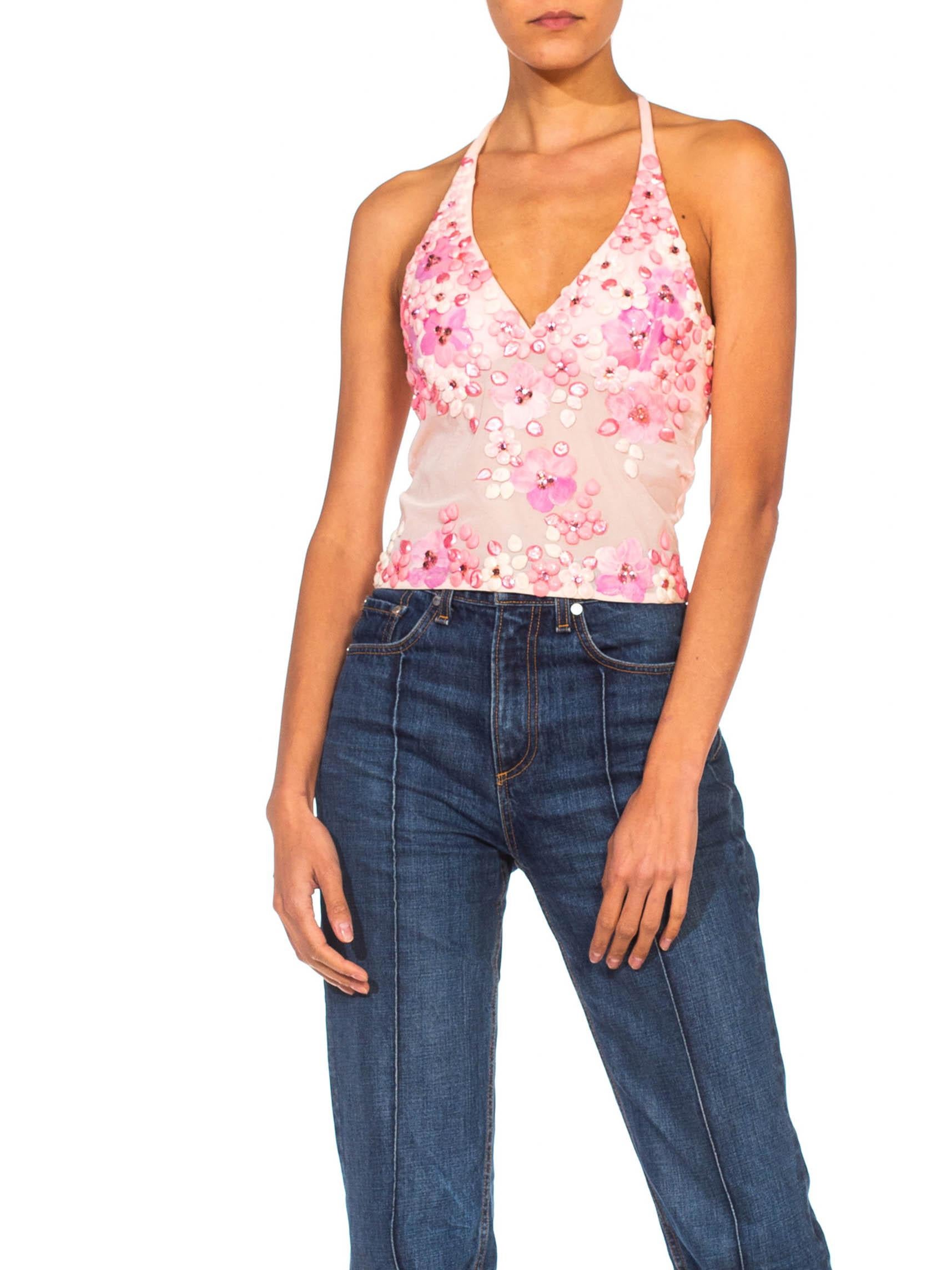 1990S Pink Stretch Net Paris Hilton Puffy Paint Flower Top With Crystals 2
