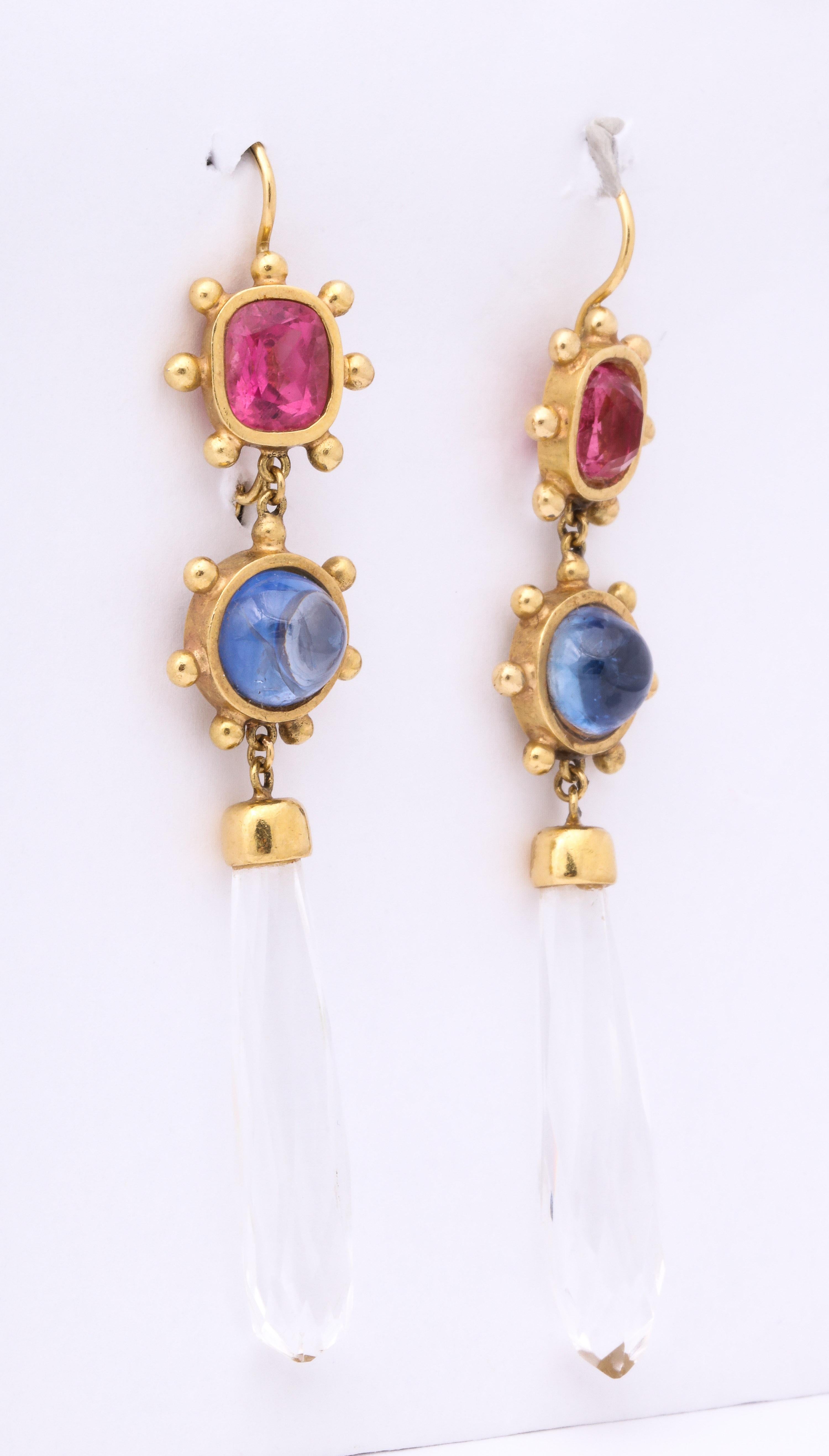 Pink Tourmaline with Cabochon Sapphires and Rock Crystal Gold Drop Earrings In Good Condition In New York, NY