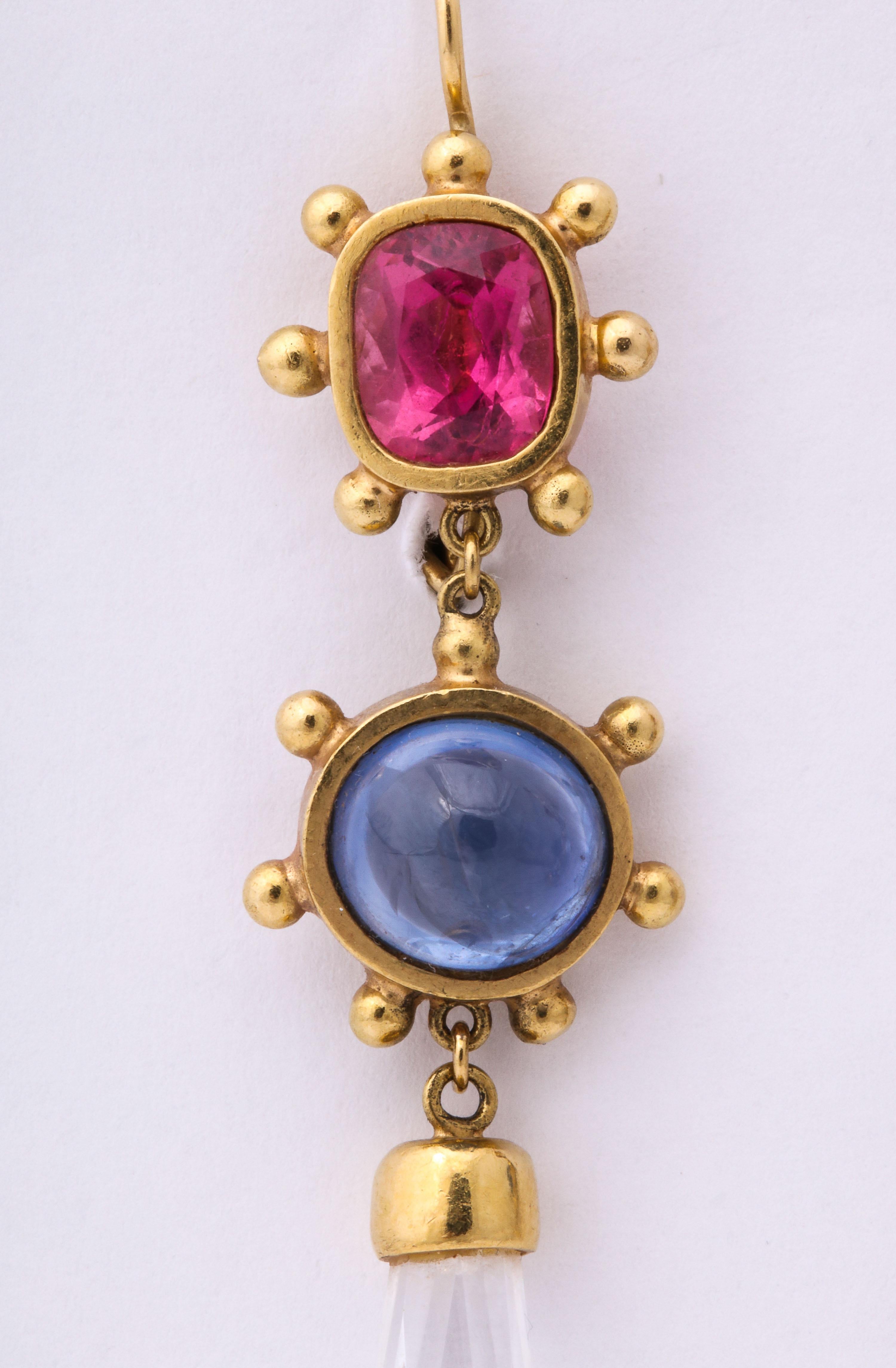 Women's Pink Tourmaline with Cabochon Sapphires and Rock Crystal Gold Drop Earrings