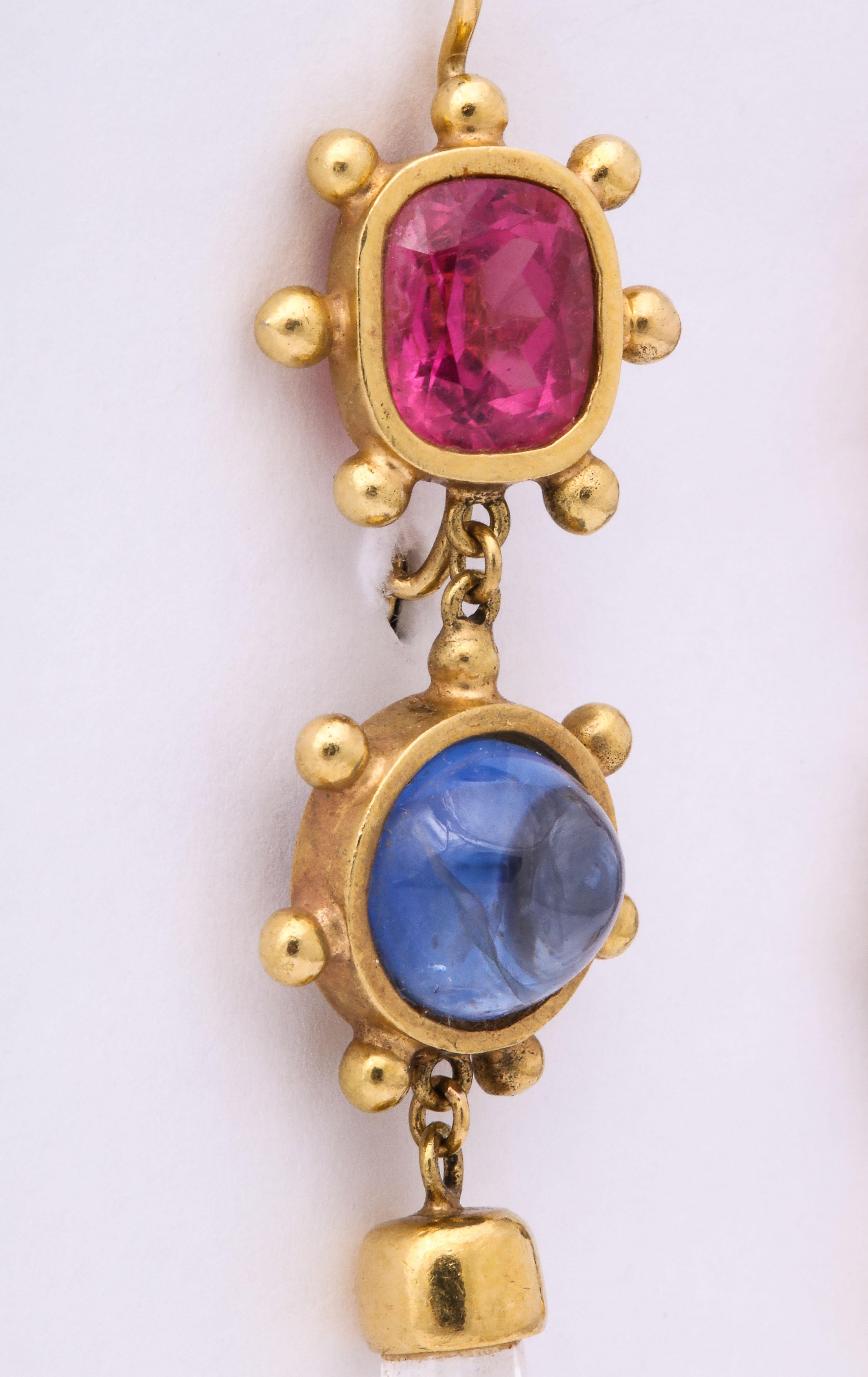 Pink Tourmaline with Cabochon Sapphires and Rock Crystal Gold Drop Earrings 1