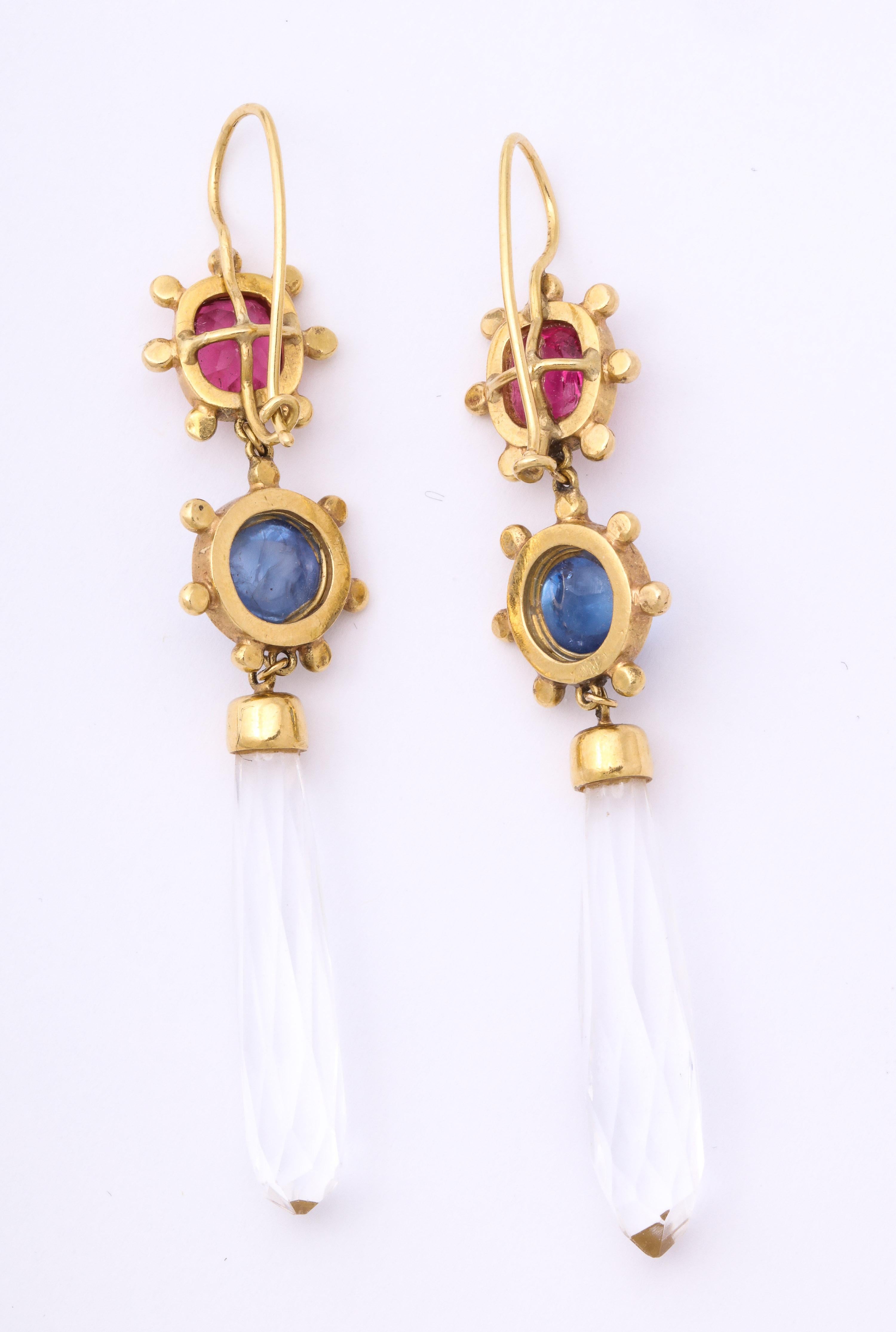 Pink Tourmaline with Cabochon Sapphires and Rock Crystal Gold Drop Earrings 3