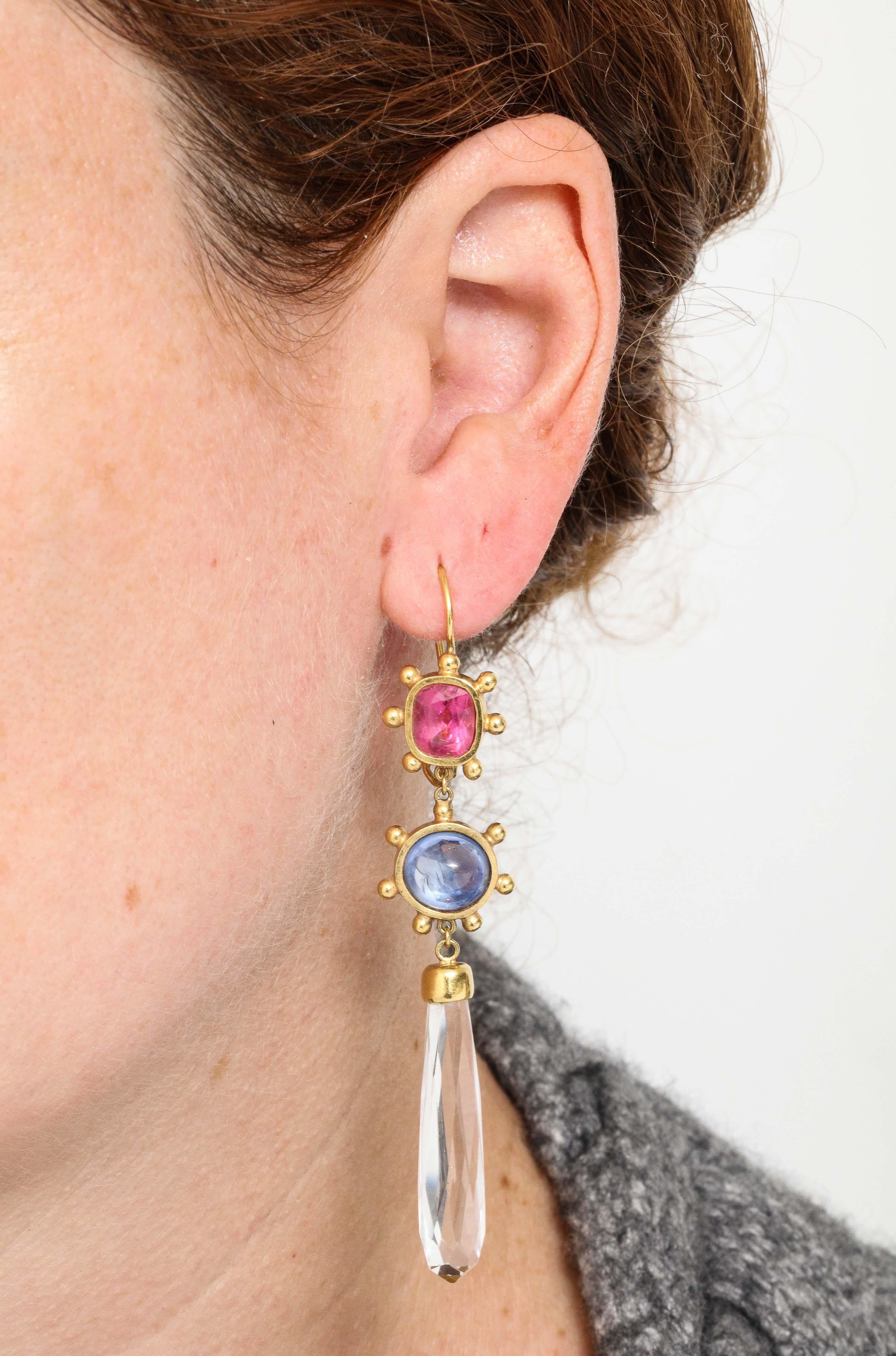 Pink Tourmaline with Cabochon Sapphires and Rock Crystal Gold Drop Earrings 4