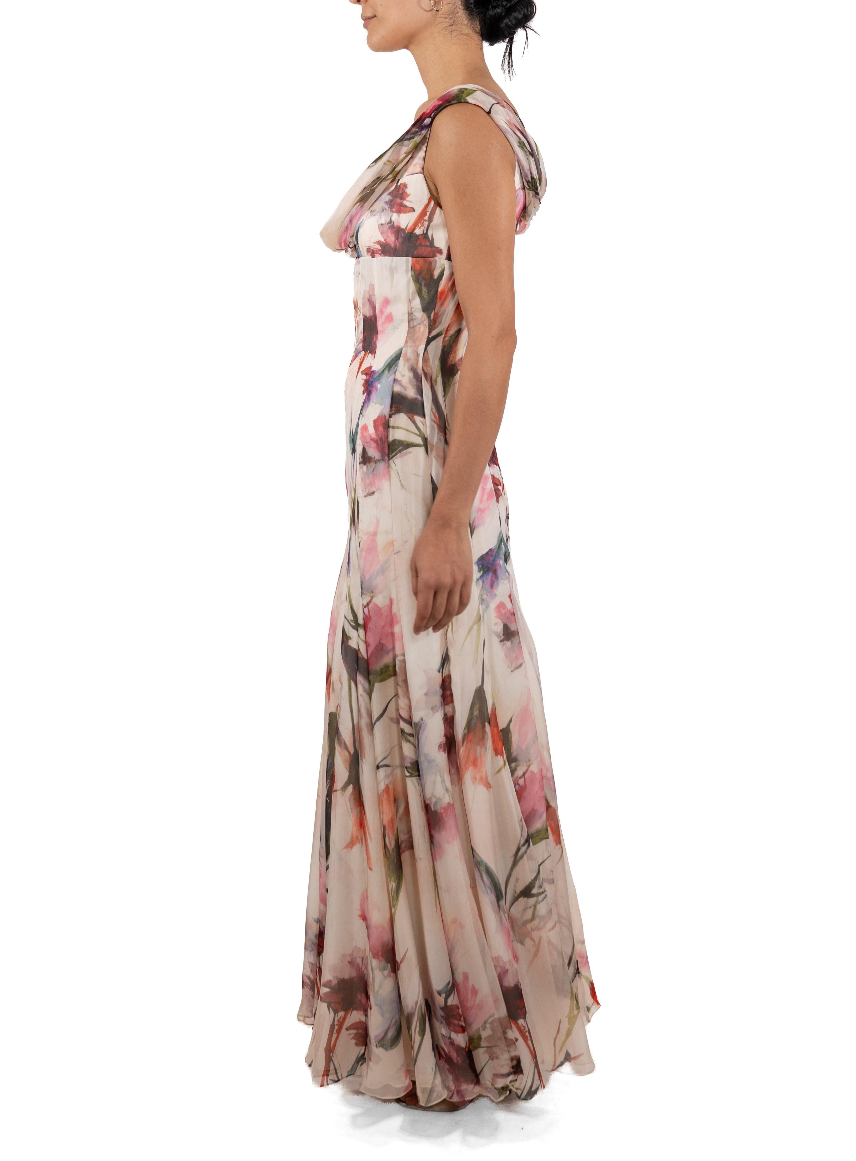 This gown retains no label, however the amount of hand-finishing points to Haute Couture or custom made quality, fully lined in silk. 1990S Pink & White Floral Silk Chiffon Gown 