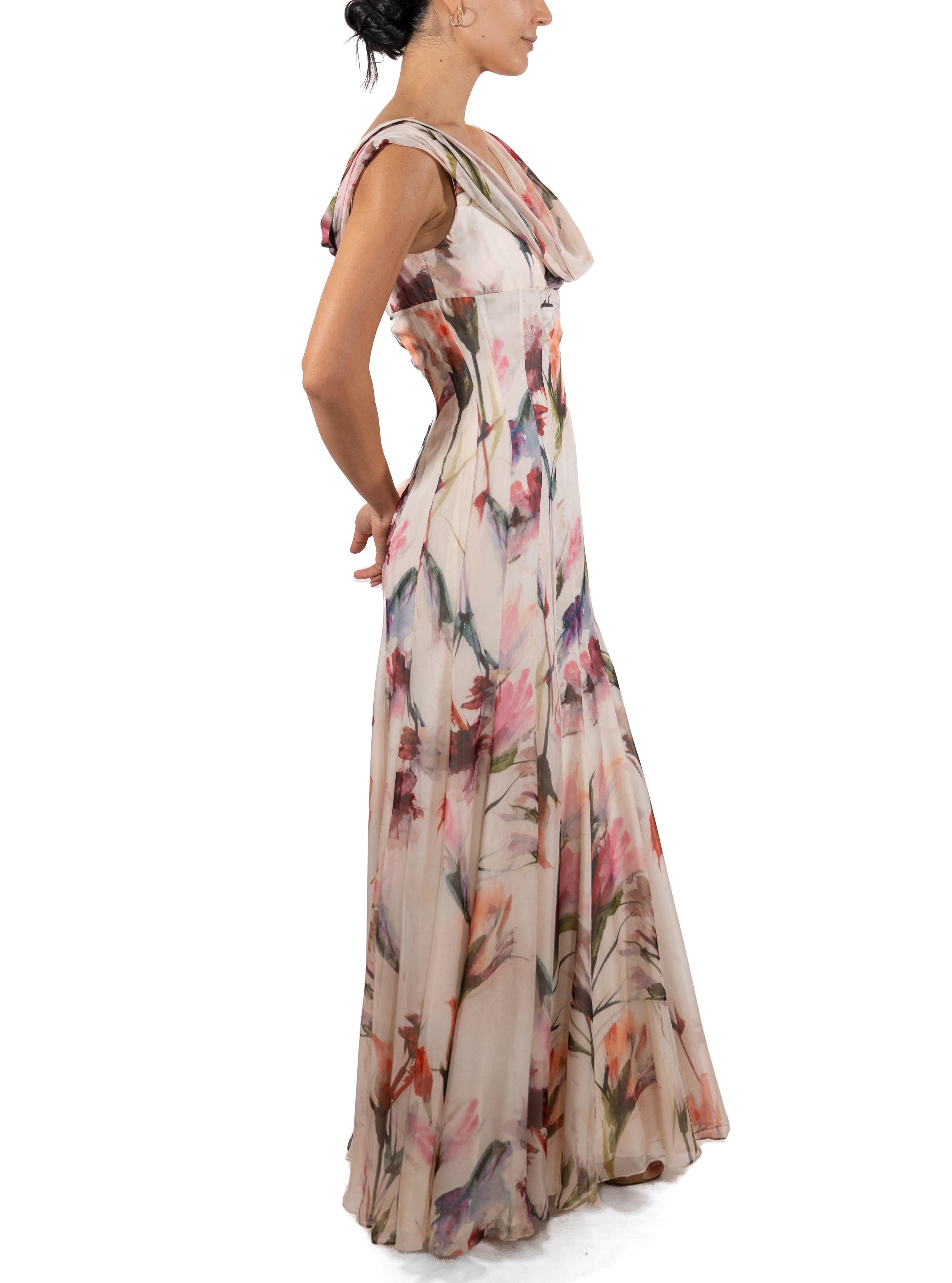 Brown 1990S Pink & White Floral Silk Chiffon Gown For Sale