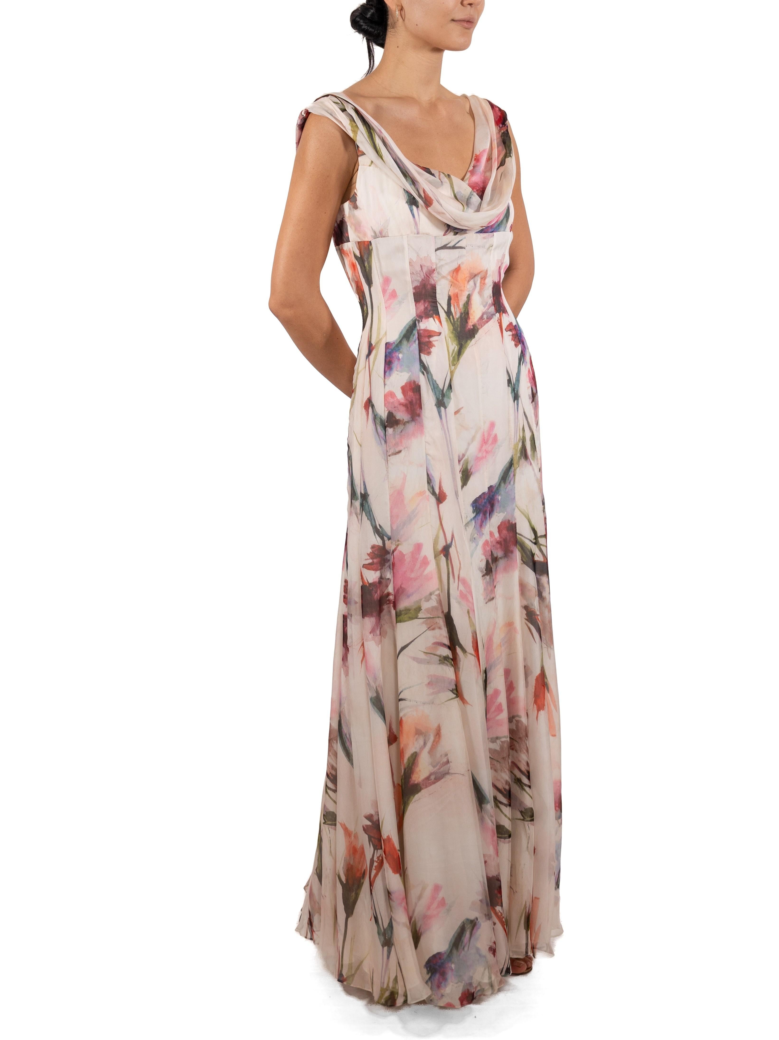 1990S Pink & White Floral Silk Chiffon Gown In Good Condition For Sale In New York, NY