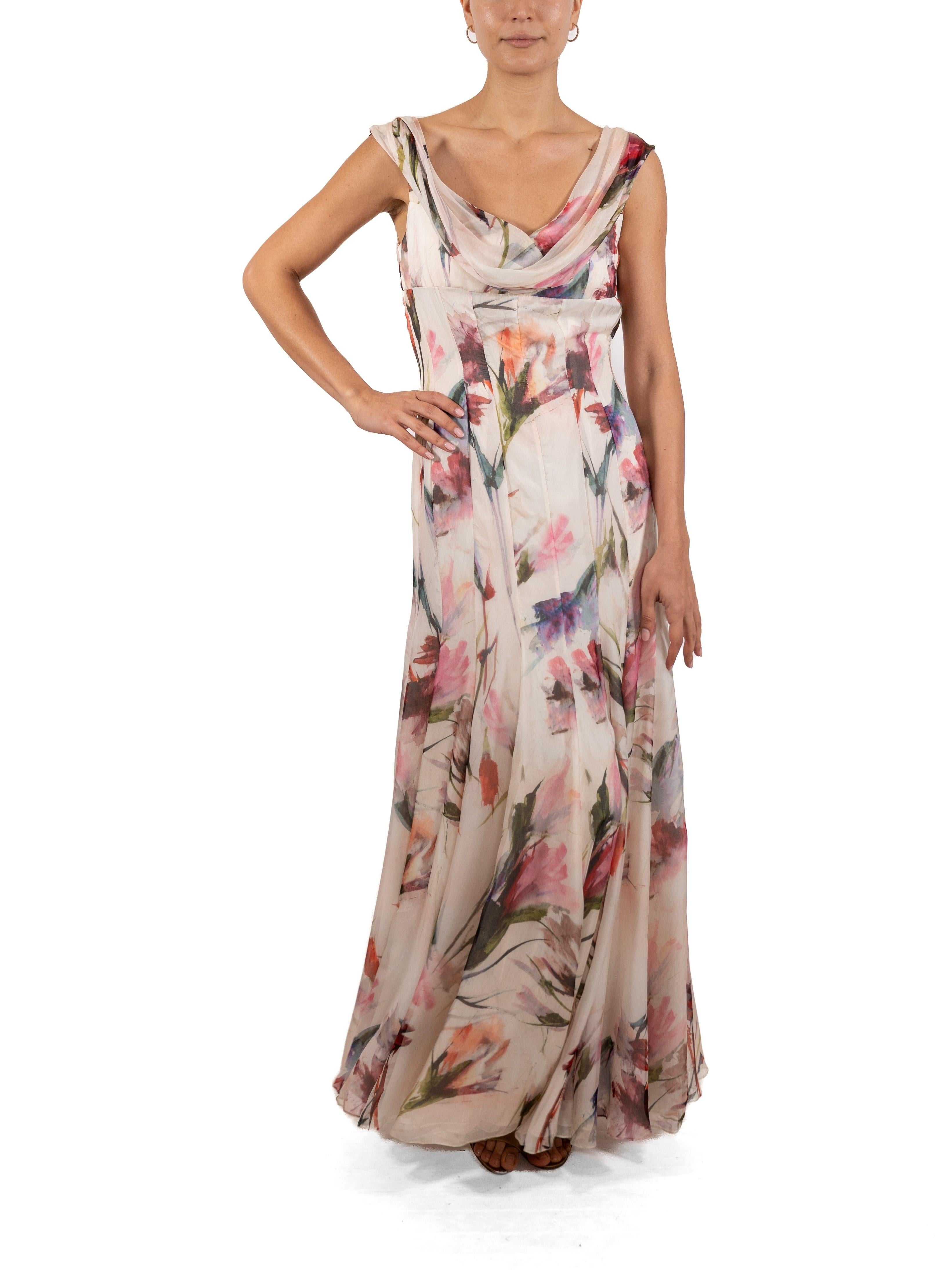 Women's 1990S Pink & White Floral Silk Chiffon Gown For Sale