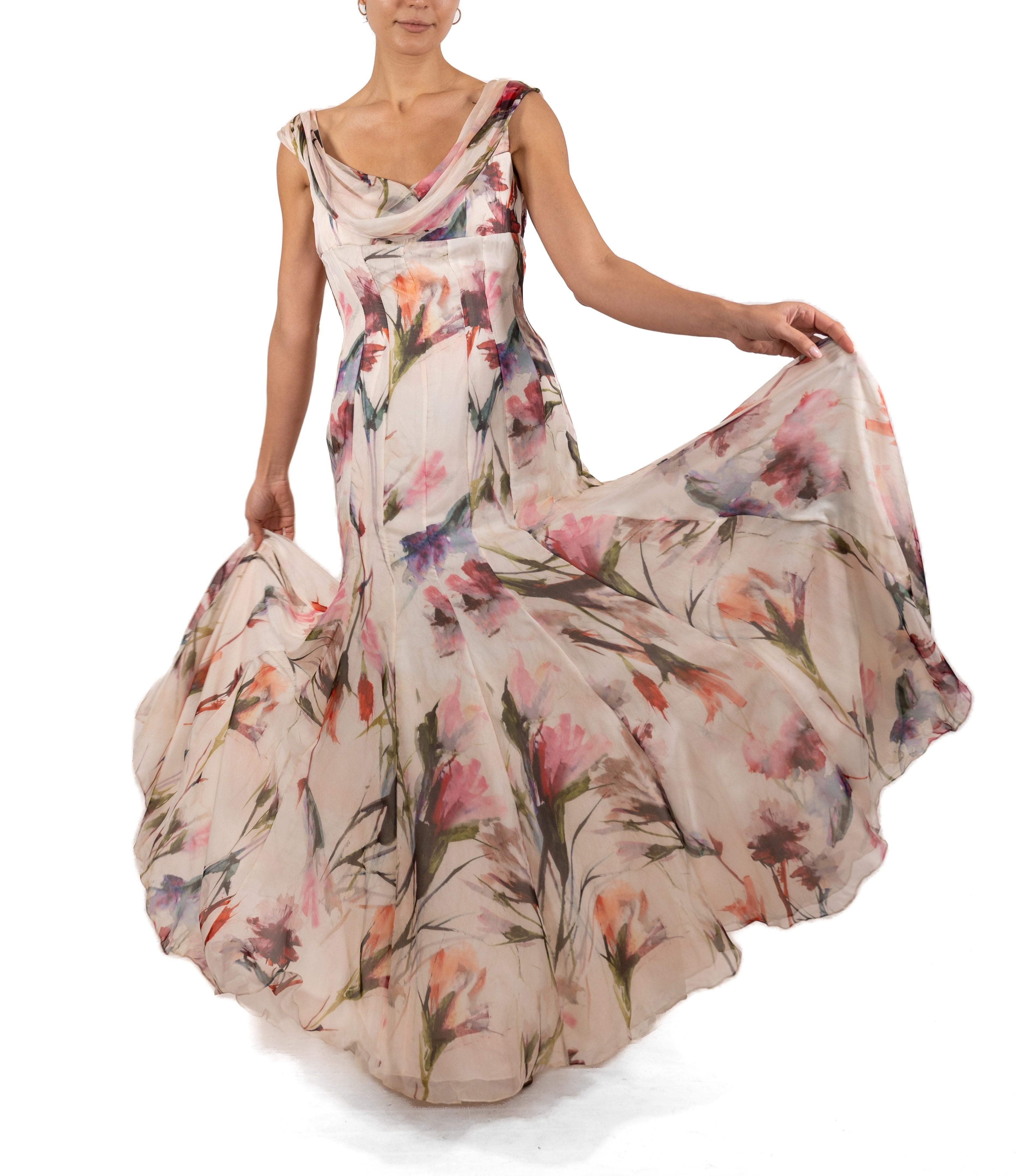 1990S Pink & White Floral Silk Chiffon Gown For Sale 1
