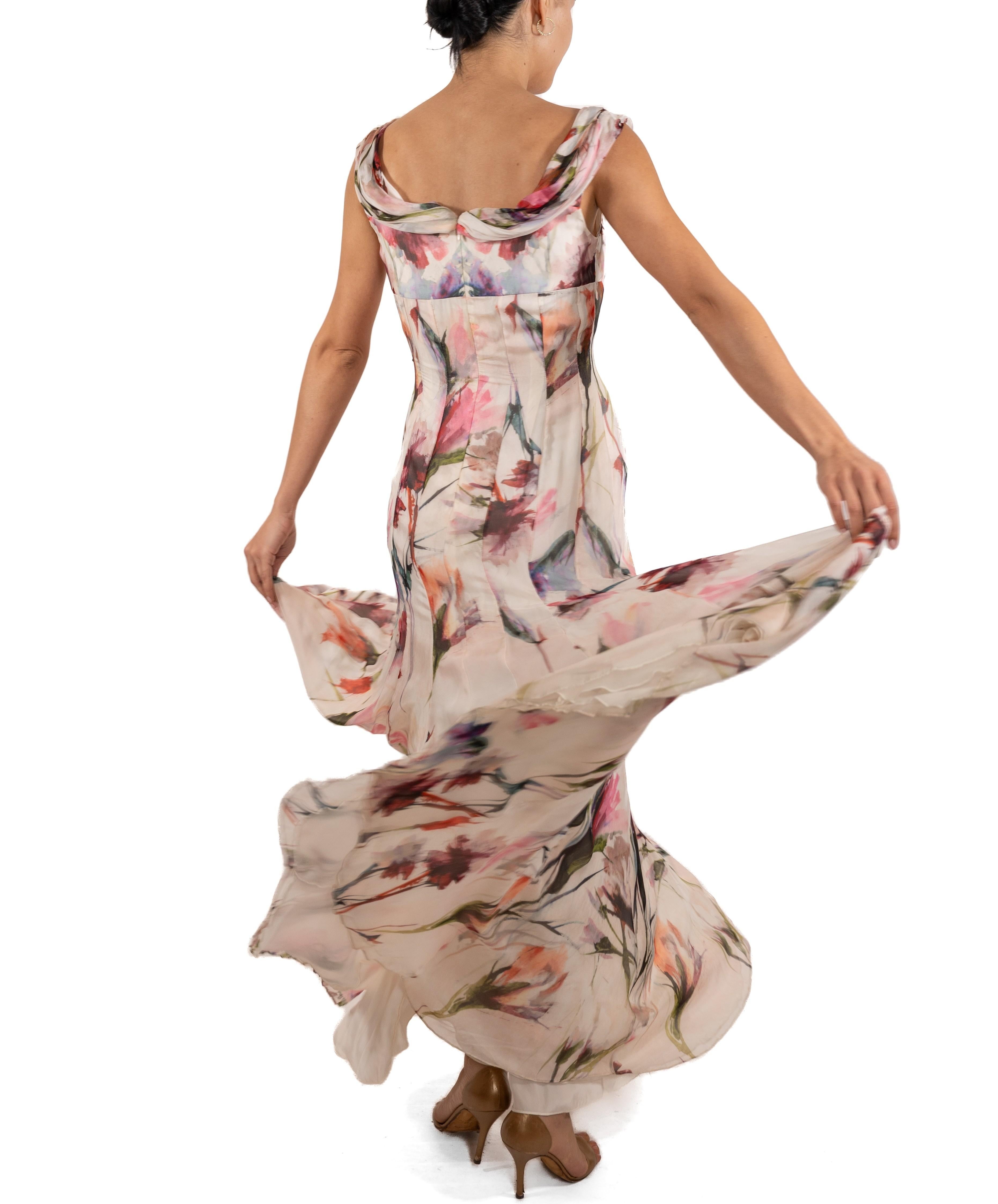 1990S Pink & White Floral Silk Chiffon Gown For Sale 2