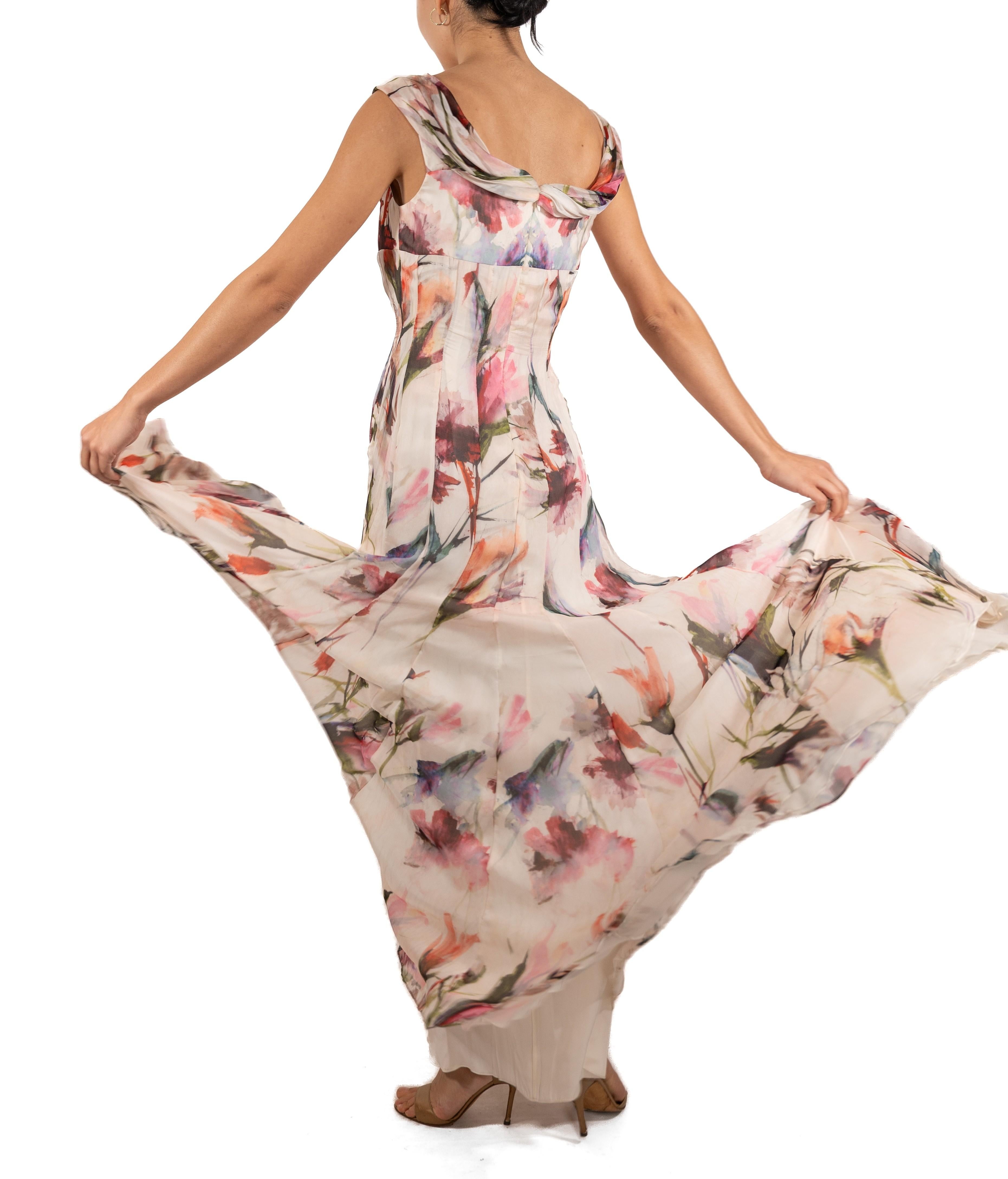 1990S Pink & White Floral Silk Chiffon Gown For Sale 3
