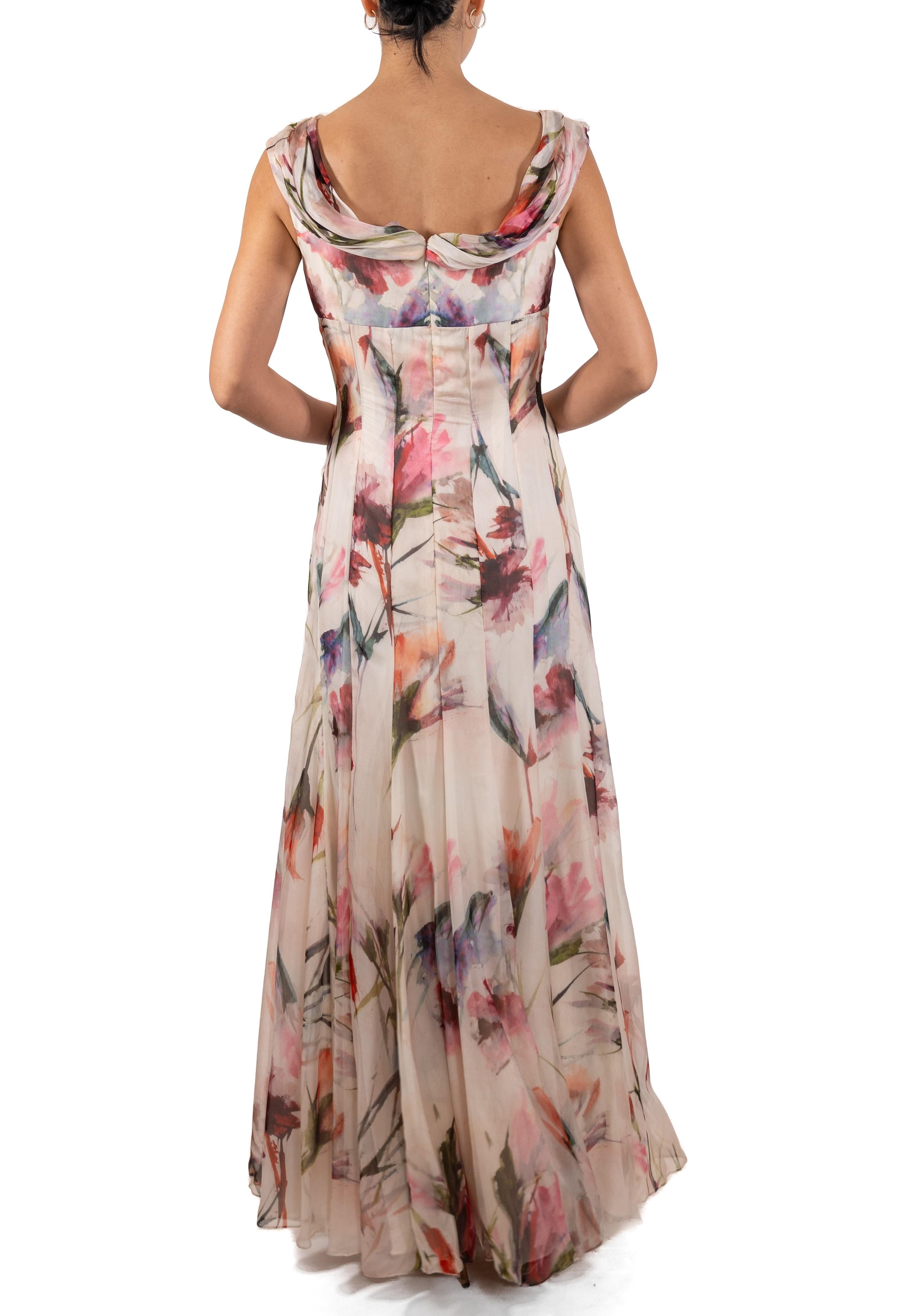 1990S Pink & White Floral Silk Chiffon Gown For Sale 4
