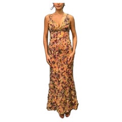 1990s Pink, Yellow & Brown Silk Chiffon Lined Shredded Dress with Beaded Waist