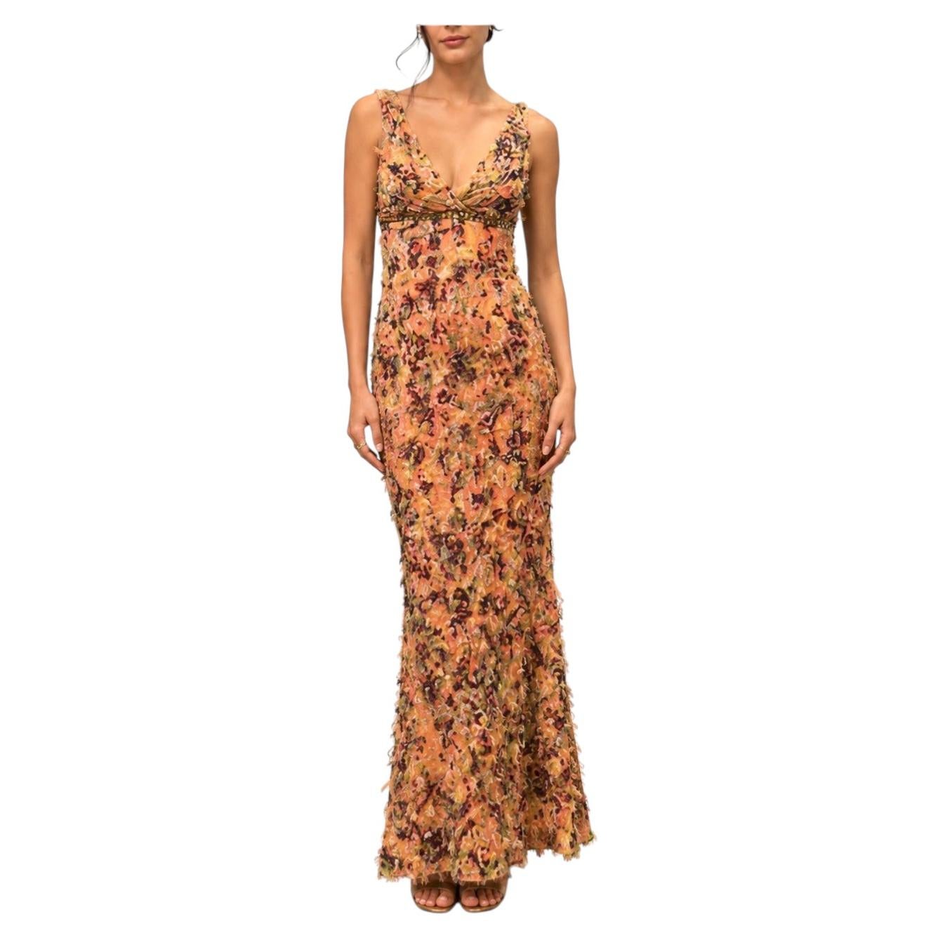 Robe déchirée des années 1990 en mousseline de soie rose, jaune et marron, doublée, avec une taille ornée de perles en vente