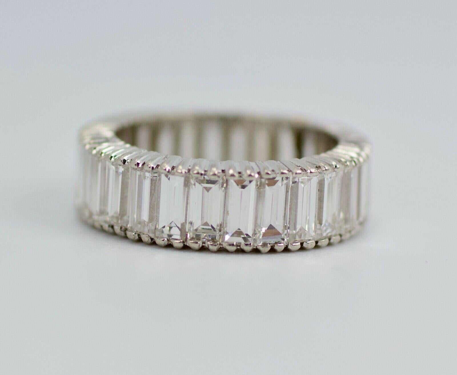Platinum White Baguette Cut Diamond Eternity Band
Ring Size 5
5.0 Grams
Baguette Cut White Diamonds Approximately 3.00 Carats Total Weight
Color: F-G Clarity: Vs1


This is a stunning baguette eternity band. The diamonds beauty can not be captured