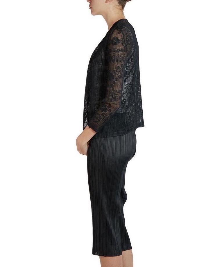 1990S PLEATS PLEASE ISSEY MIYAKE Black Sheer Polyester Pleated Lace Cardigan In Excellent Condition For Sale In New York, NY