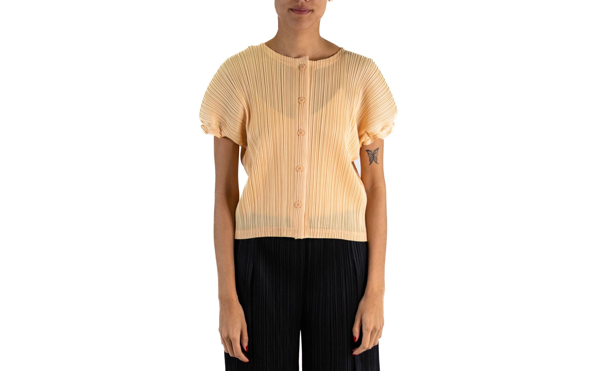 1990S PLEATS PLEASE ISSEY MIYAKE Blush Pink Polyester Satin Pleated Button Up Top With Puff Sleeves