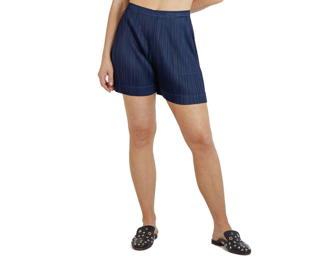 1990S PLEATS PLEASE ISSEY MIYAKE Navy Blue Polyester Pleated Shorts 1