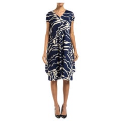 1990S PLEATS PLEASE ISSEY MIYAKE Navy Blue & White Polyester Abstract Dress