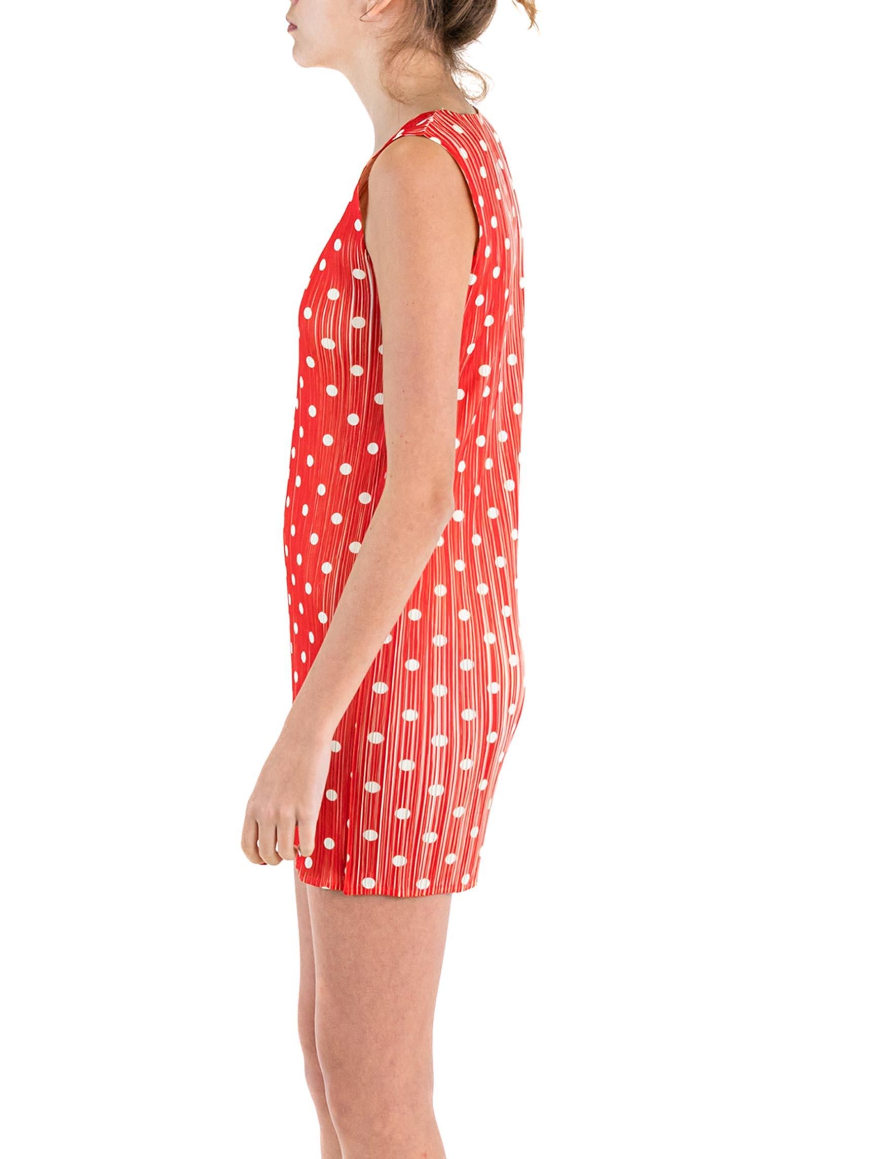 1990S PLEATS PLEASE ISSEY MIYAKE Red & White Pleated Polyester Polka Dot Dress In Excellent Condition For Sale In New York, NY