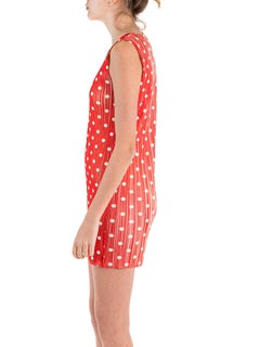 1990S PLEATS PLEASE ISSEY MIYAKE Red & White Pleated Polyester Polka Dot Dress