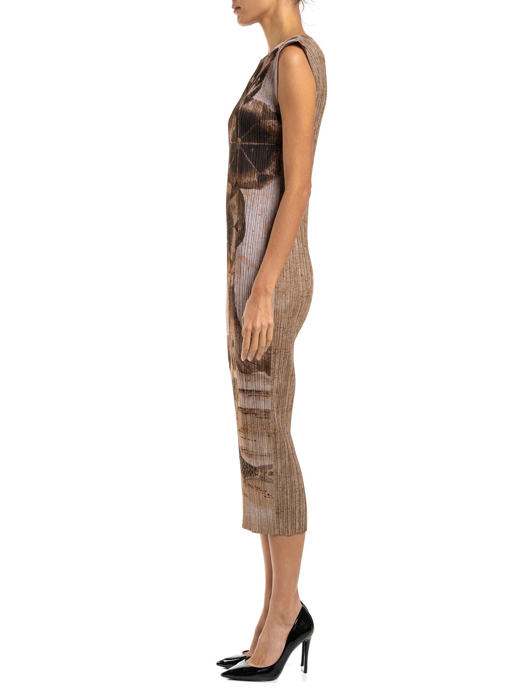 1990S PLEATS PLEASE ISSEY MIYAKE Tan Brown Polyester Japanese Scenic Print Dress With Lucky Carp