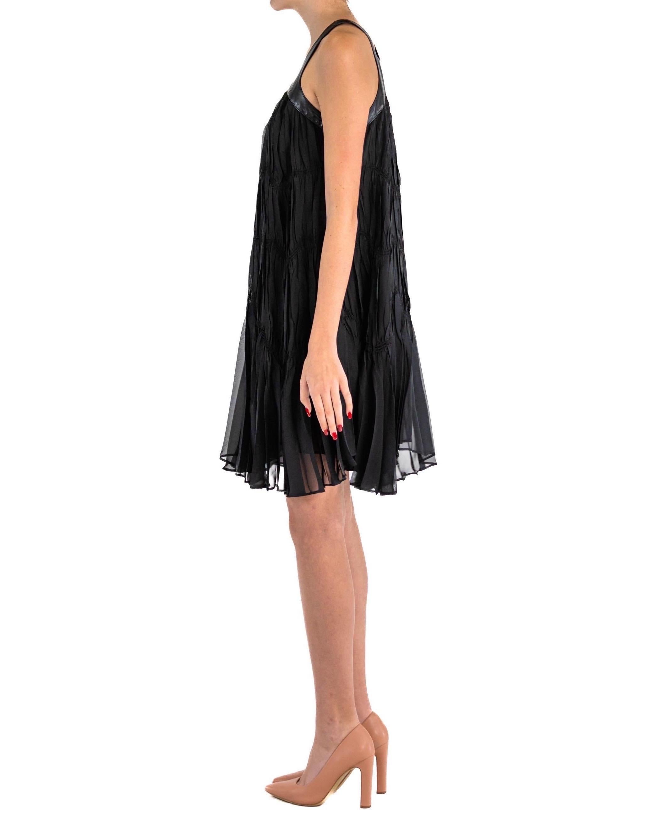 Tagged Size 40 1990S PLEIN SUD Black Pleated Polyester Chiffon  Babydoll Dress With Leather 