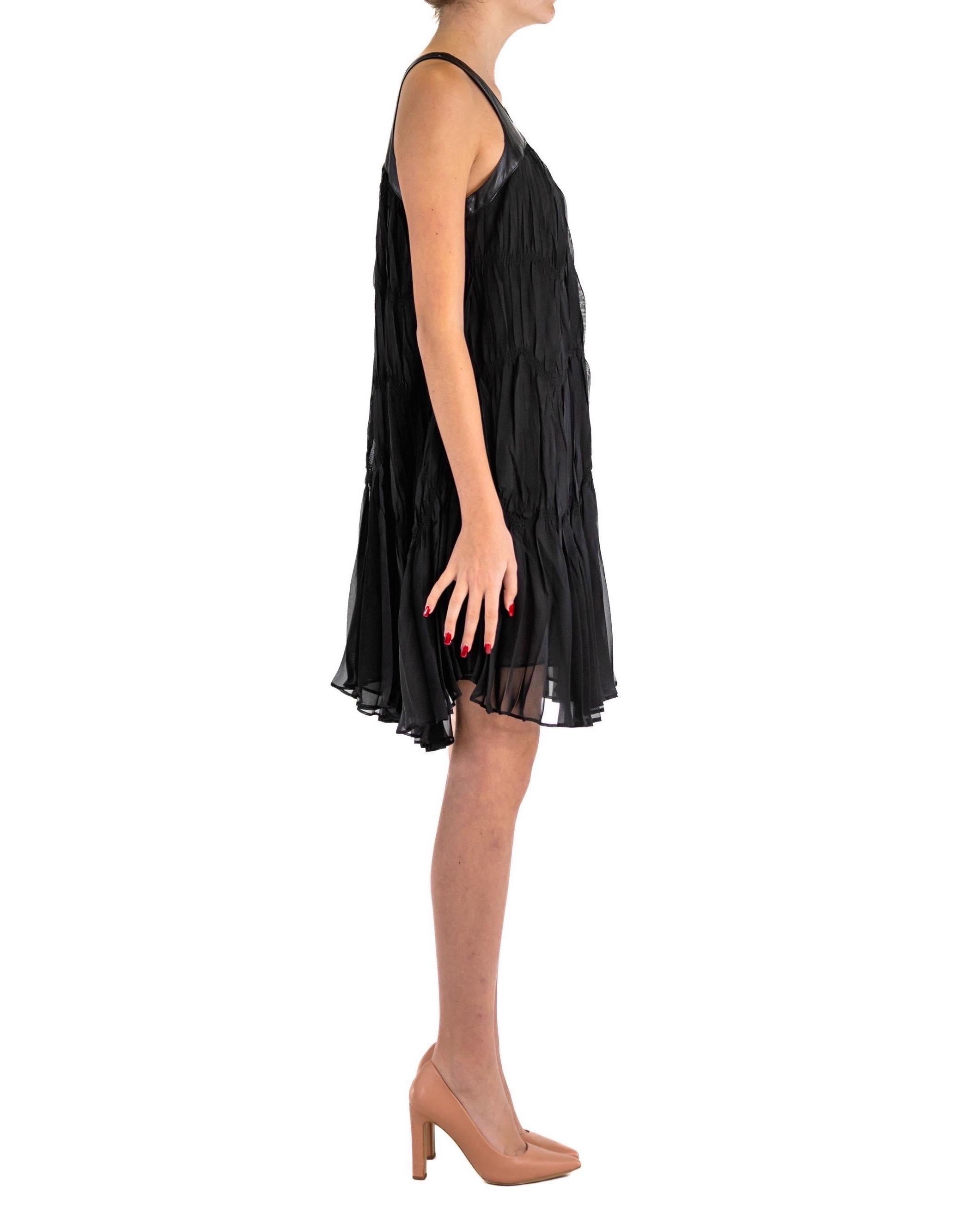 1990S PLEIN SUD Black Pleated Polyester Chiffon  Babydoll Dress With Leather In Excellent Condition For Sale In New York, NY