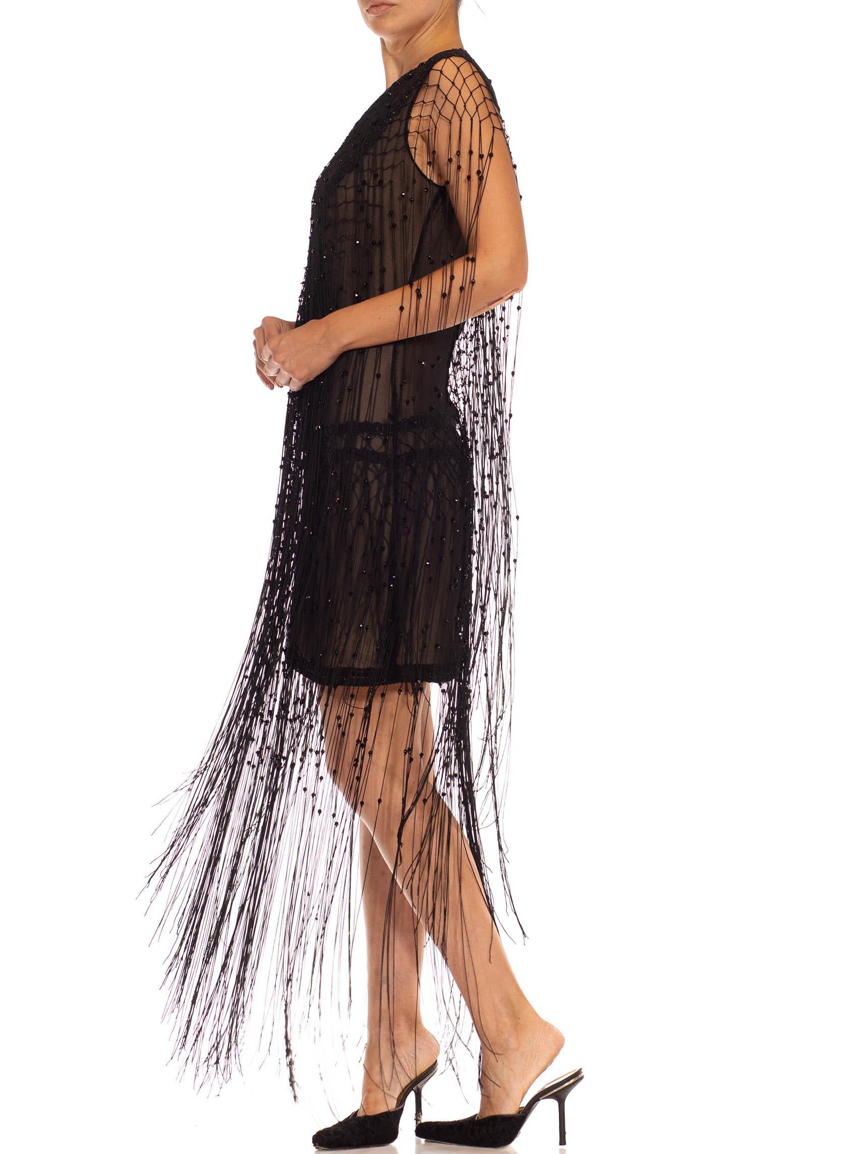 1990S PLEIN SUD Vestido de gasa de seda negra con flecos y pasamanería Negro