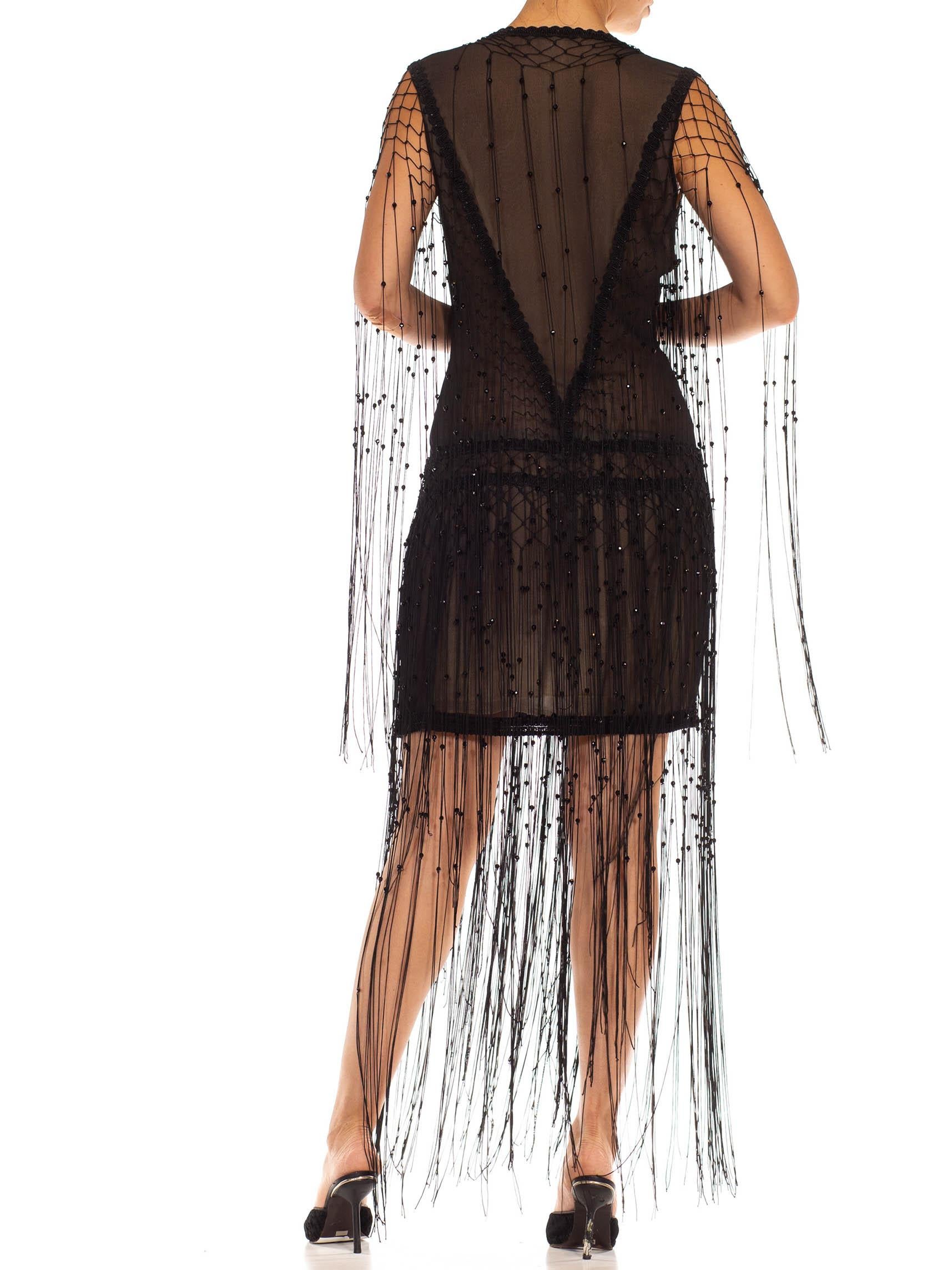 De las mujeres 1990S PLEIN SUD Vestido de gasa de seda negra con flecos y pasamanería