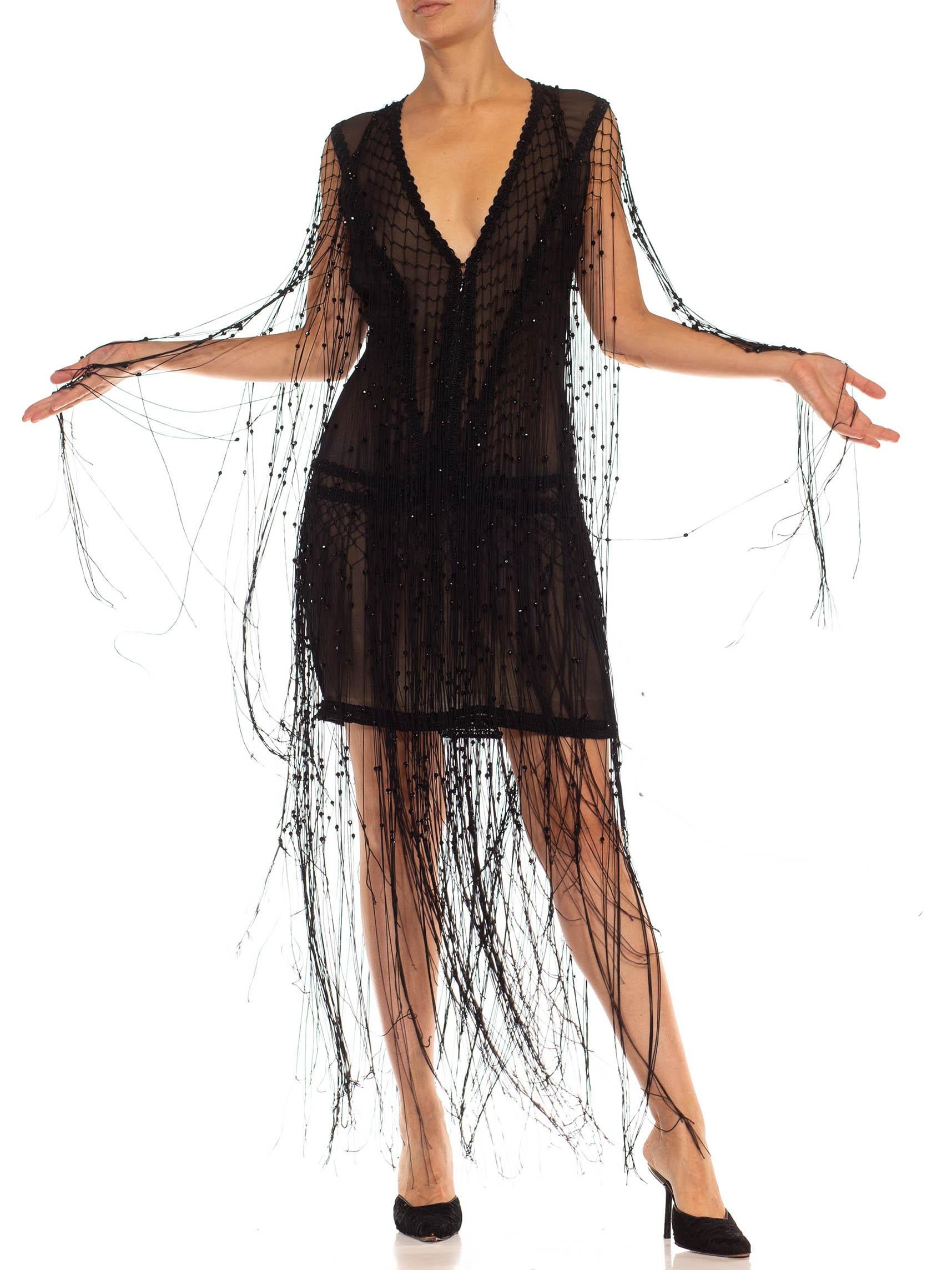 1990S PLEIN SUD Black Silk Chiffon Beaded Fringe & Passementarie Trim Dress In Excellent Condition For Sale In New York, NY