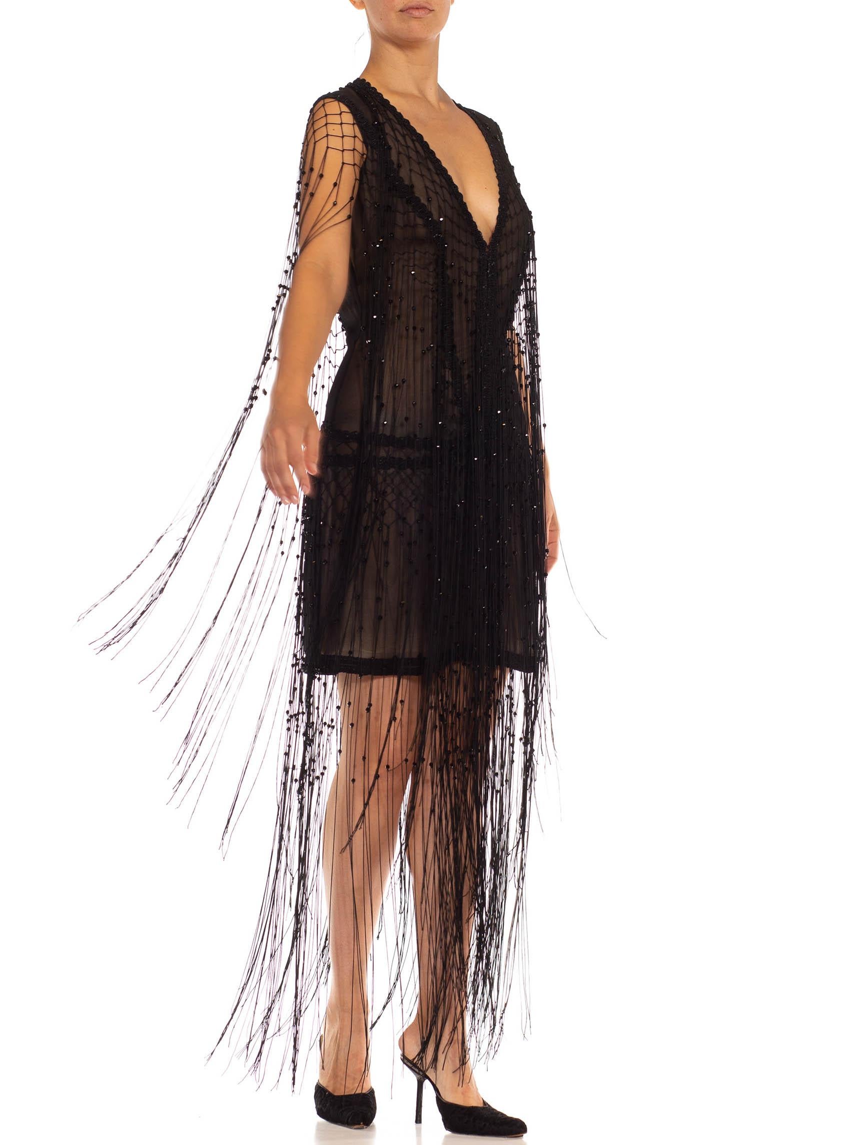1990S PLEIN SUD Vestido de gasa de seda negra con flecos y pasamanería 2
