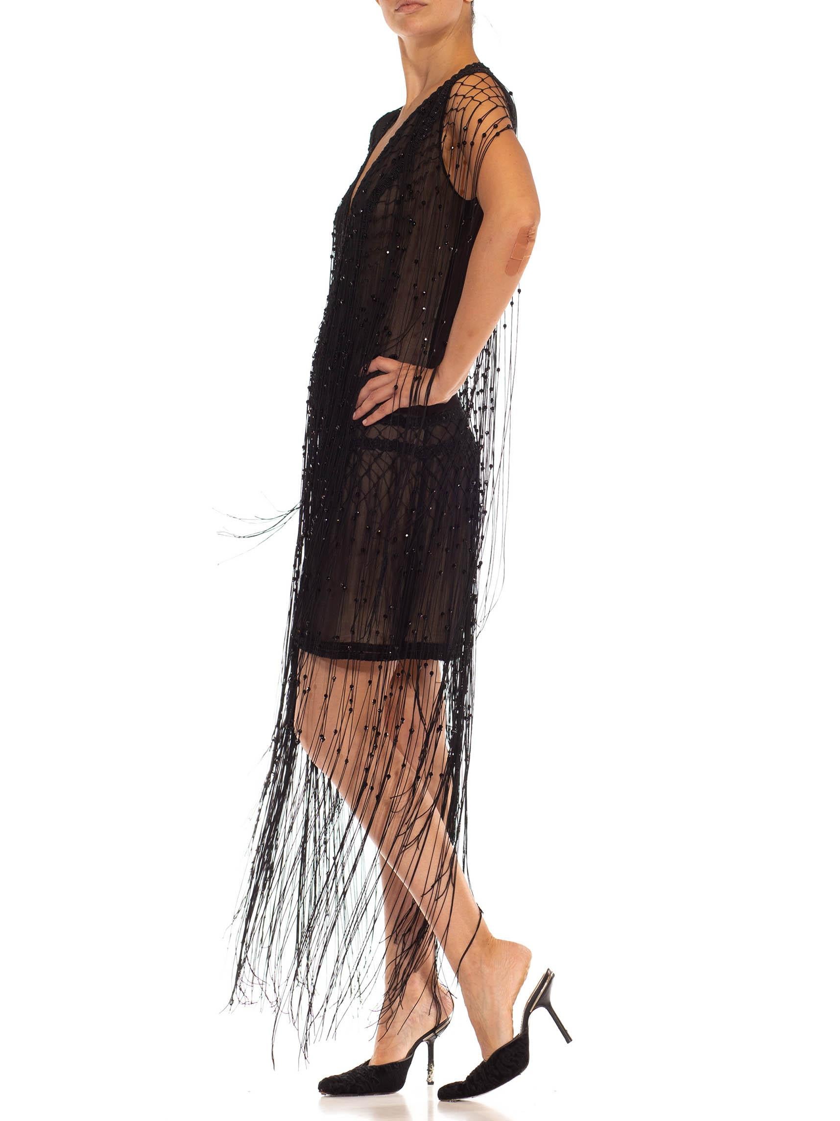 1990S PLEIN SUD Vestido de gasa de seda negra con flecos y pasamanería 5
