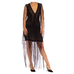 1990S PLEIN SUD - Vestito in chiffon di seta nero con frange di perline e bordi in passamaneria