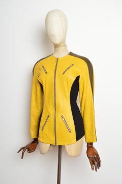 1990’s Plein Sud Vintage Yellow Moto Leather fitted Racer Biker Jacket