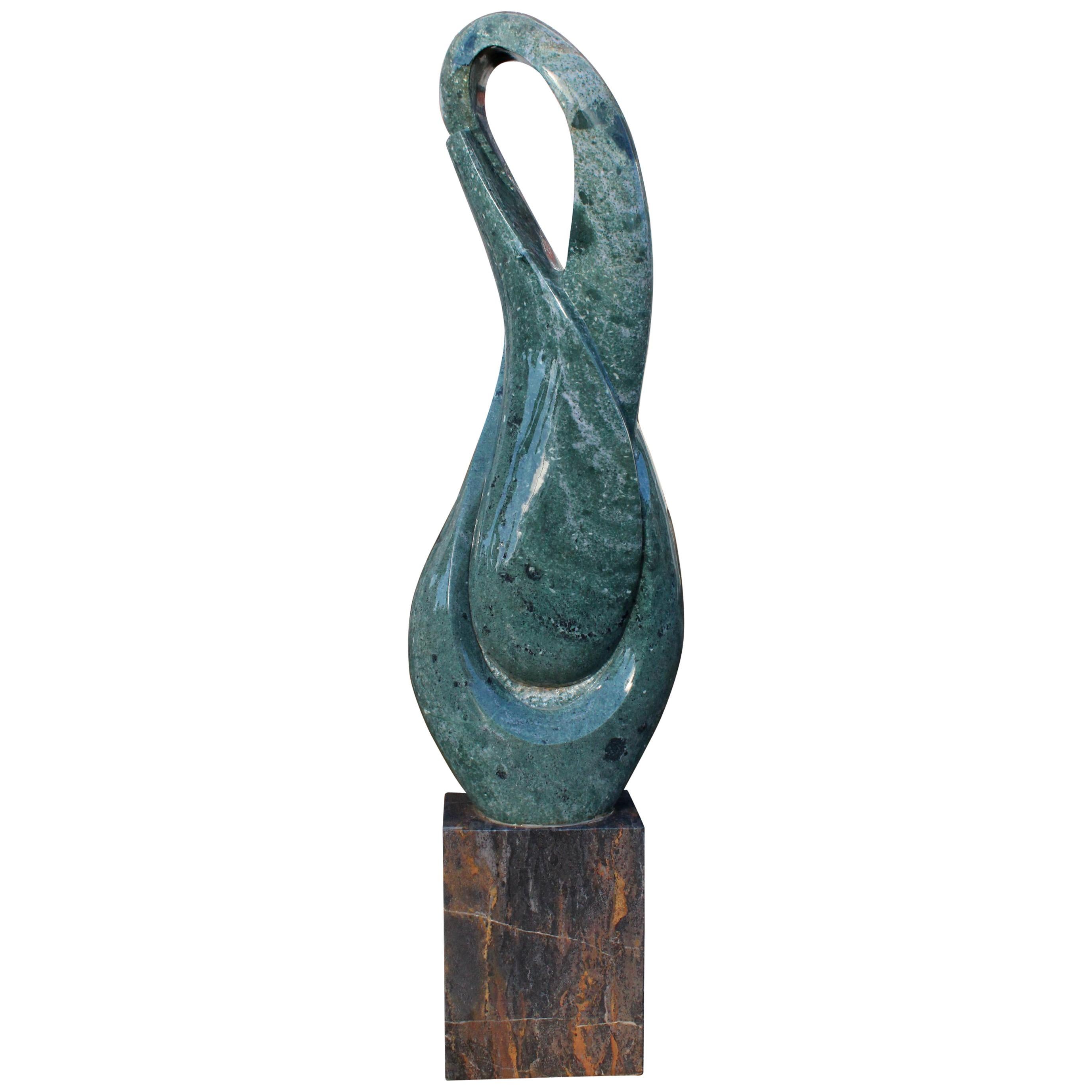 1990s Polished Modern Abstract Sculpture in Hand Carved Green Serpentine Marble