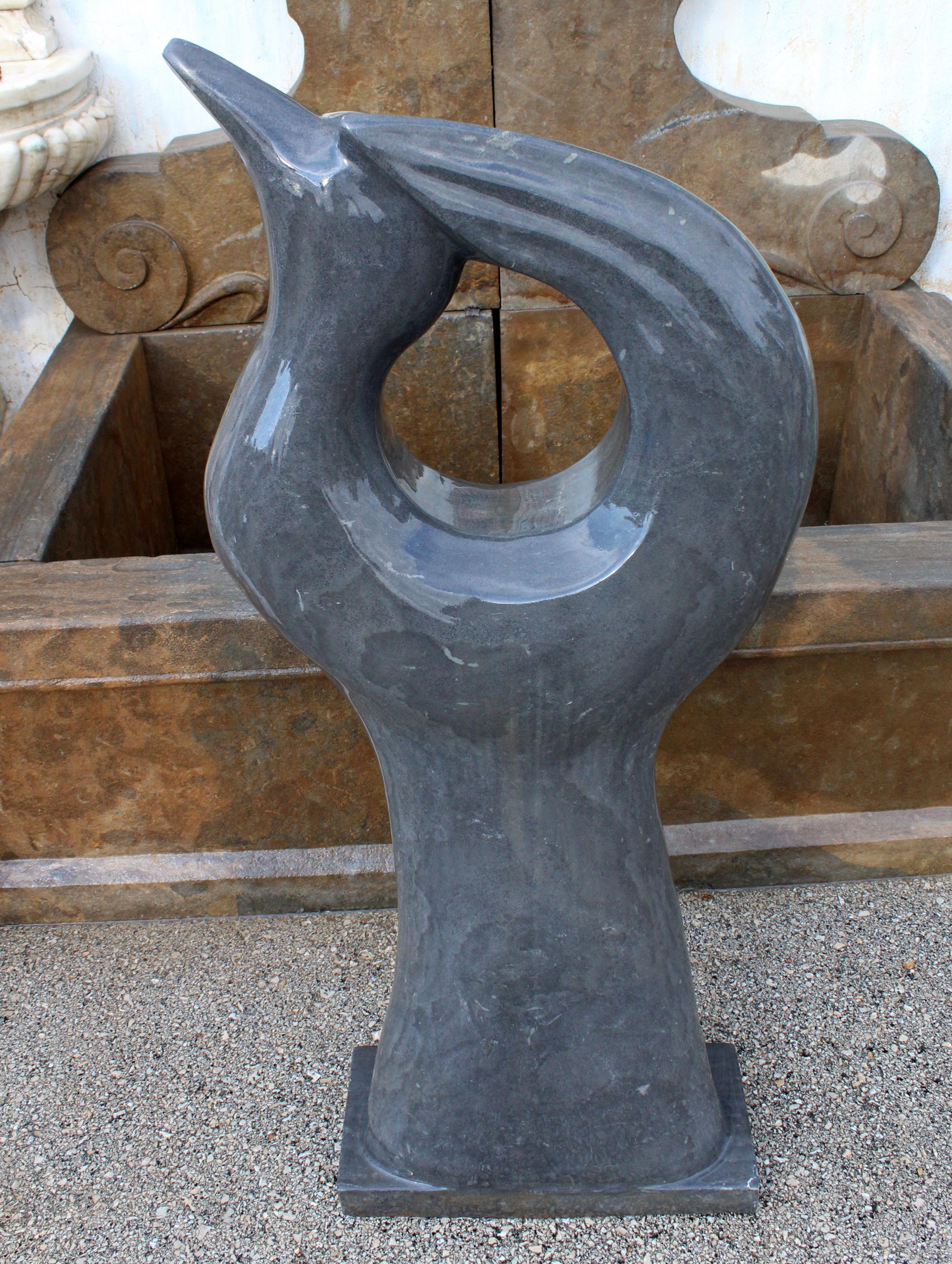 Hand-Carved 1990s Polished Modern Abstract Sculpture of a Dove in Black Belgian Marble For Sale