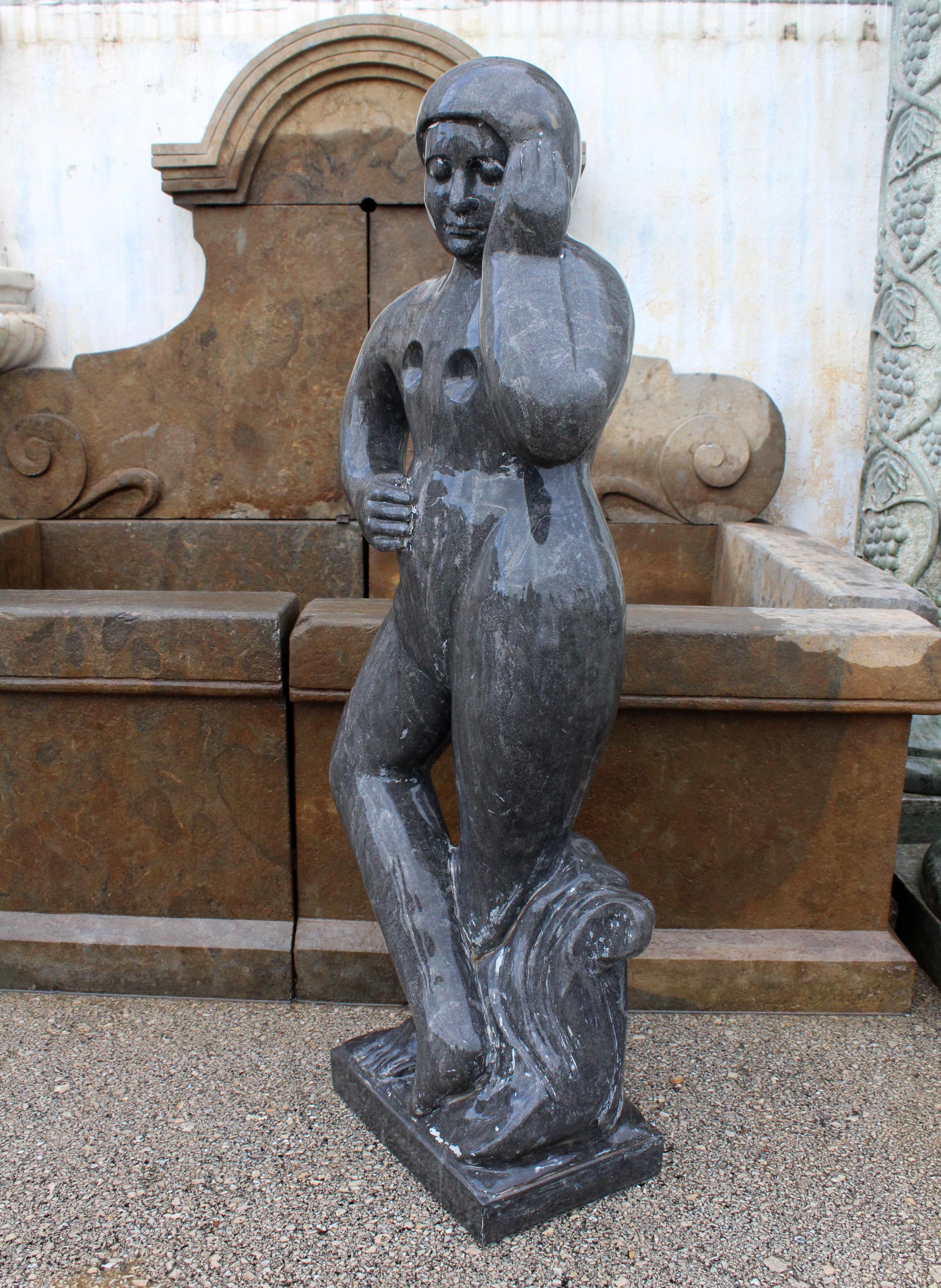 Hand-Carved 1990s Polished Modern Figurative Woman Sculpture in Pure Belgian Black Marble For Sale