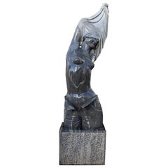 1990s Polished Modern Woman Torso Sculpture in Hand Carved Black Belgian Marble