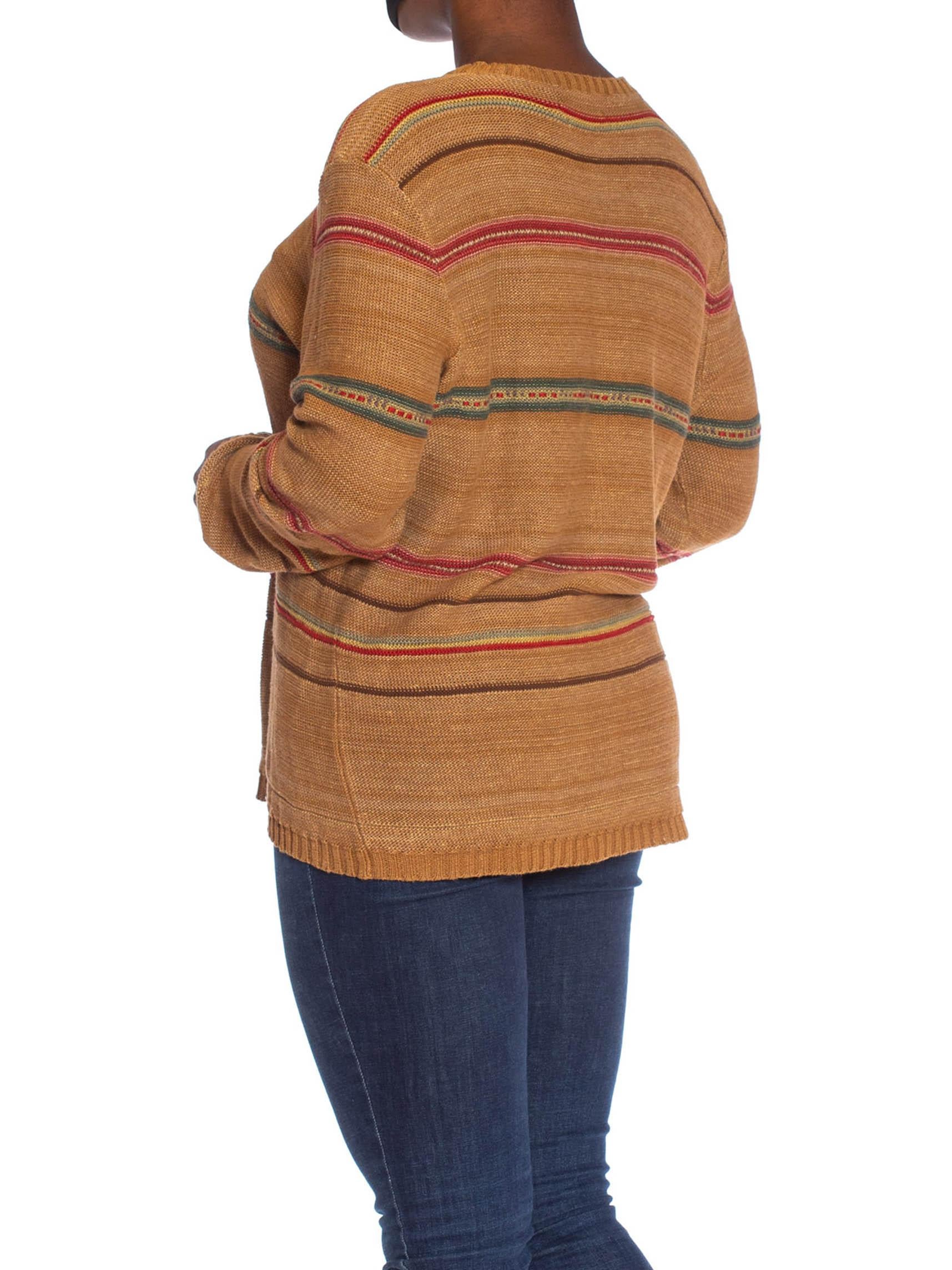 1990S POLO RALPH LAUREN Caramel Brown Linen Blend Knit Serape Stripe Sweater In Excellent Condition For Sale In New York, NY