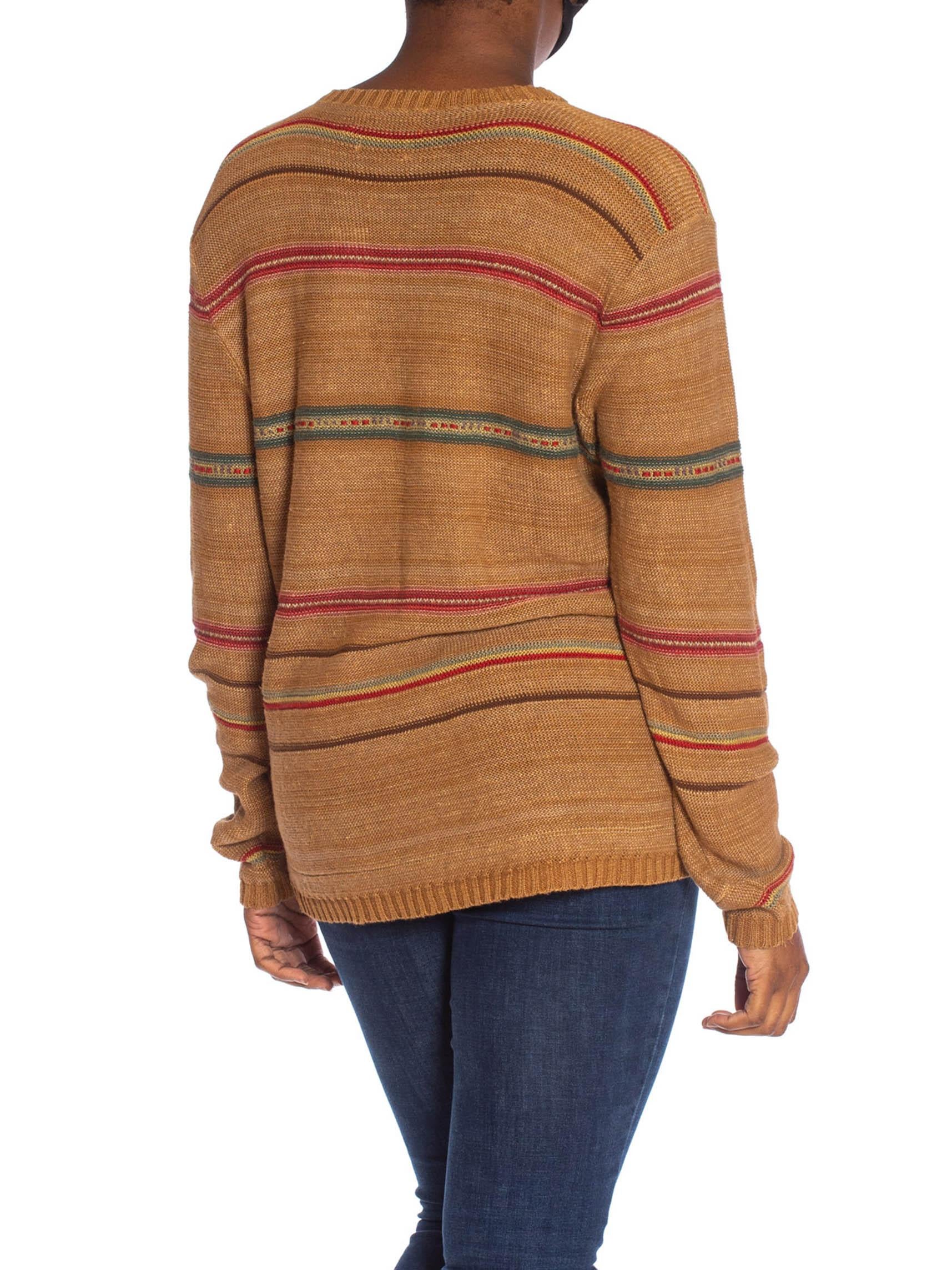 Women's or Men's 1990S POLO RALPH LAUREN Caramel Brown Linen Blend Knit Serape Stripe Sweater For Sale
