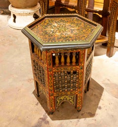 1990s Polychrome Hispano-Moorish Hexagonal Wooden Side Table