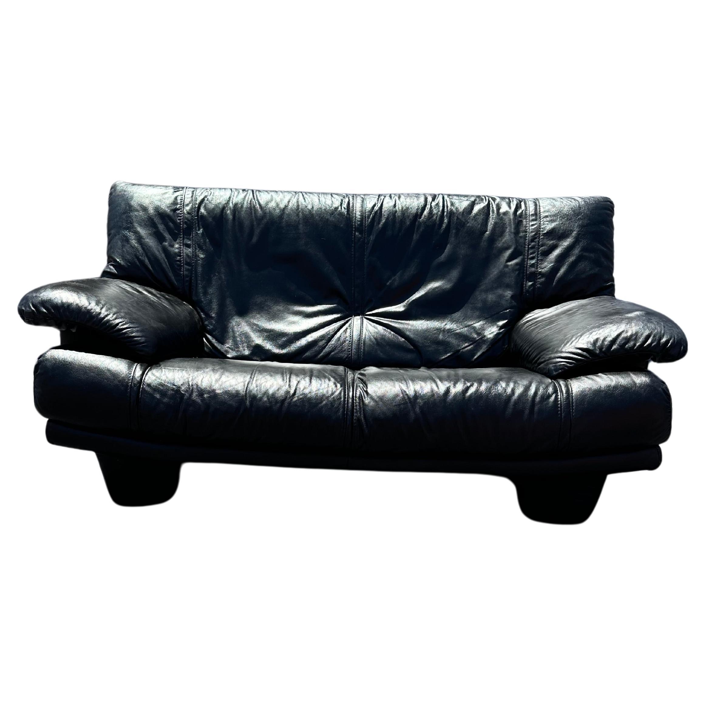 1990s Salotti Post Modern Black Leather Loveseat Sofa