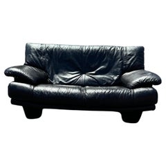 1990s Salotti Post Modern Black Leather Loveseat Sofa